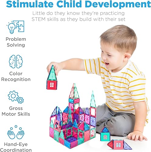 Miniatura 4 de Best Choice Products Juego de 110 piezas de azulejos magnéticos coloridos para niños, bloques de construcción con imán de construcción en 3D,
