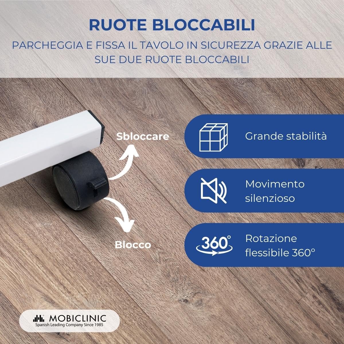 Mobiclinic, Tavolino ausiliario, Con ruote, Meseta, Regolabile in altezza, Per letto e divano, Ausilio anziani, Antigraffio, Bordo di contenimento, Elevabile, Accaio legno