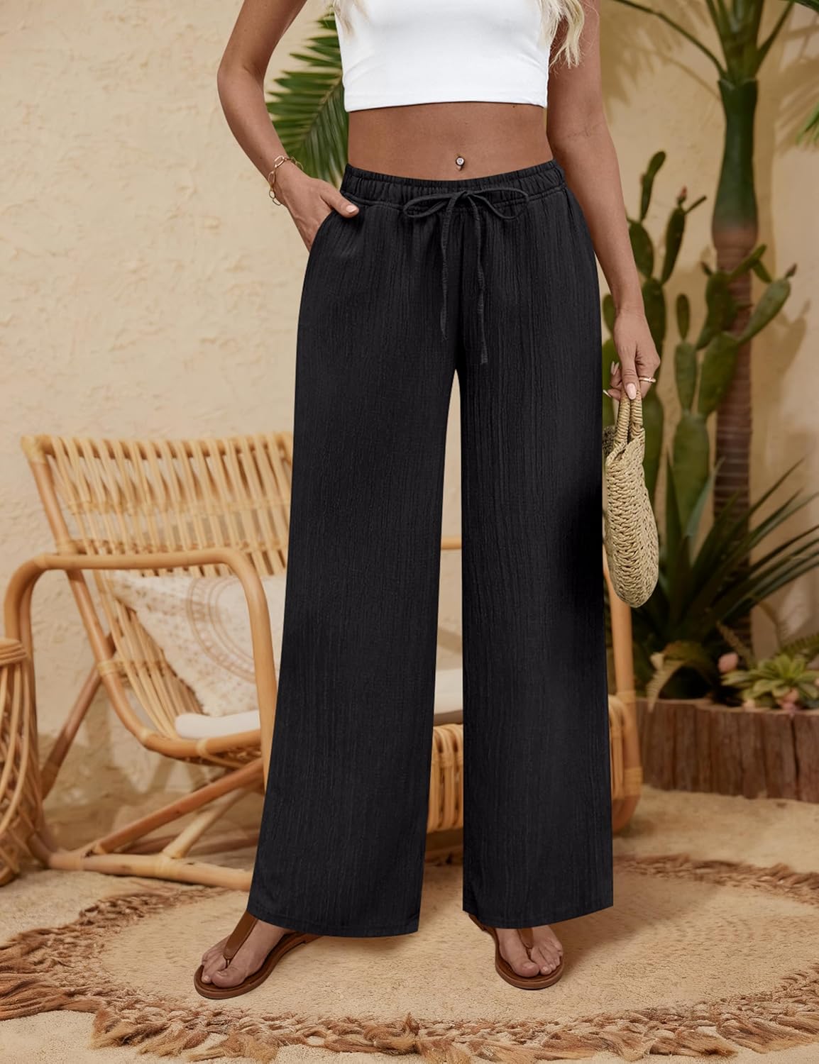 Womens Wide Leg Palazzo Pants Dressy Casual Lounge Pant Summer Travel Drawstring Elastic Waist Trouser with Pockets - Image 3