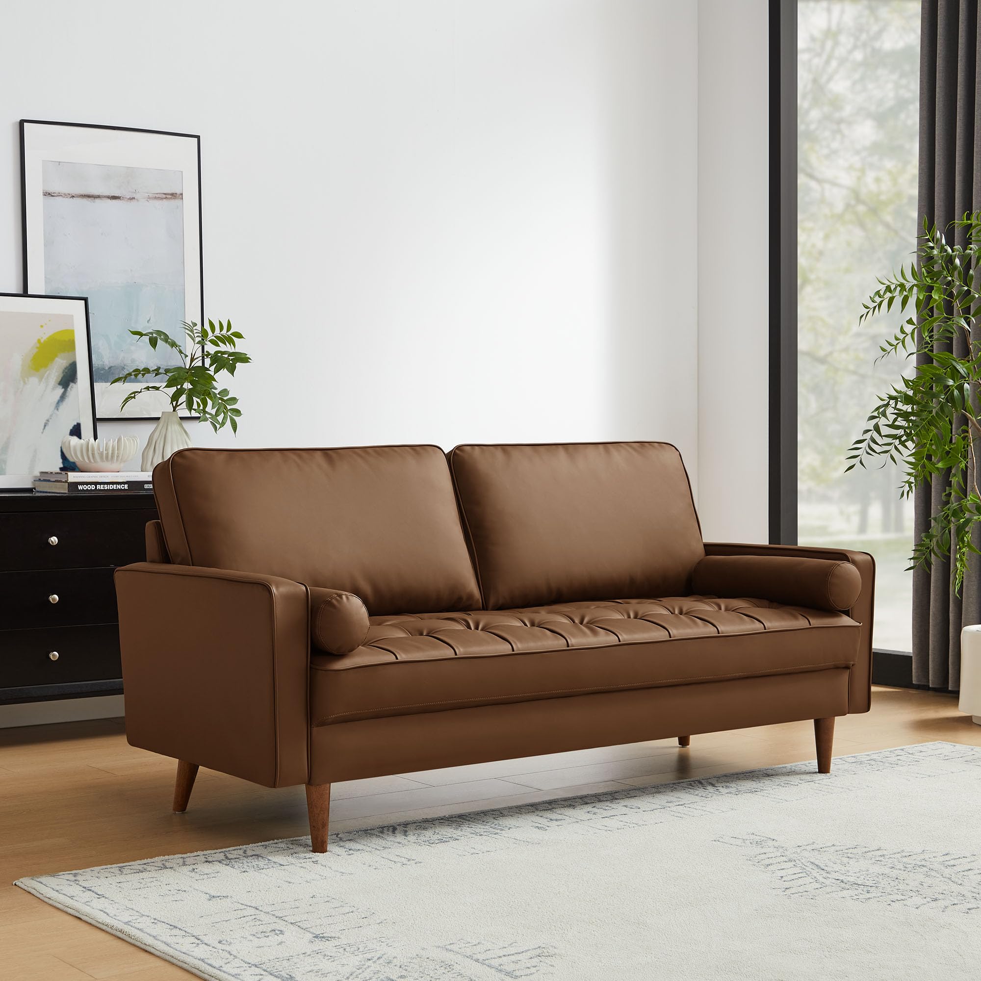 Modway Valour 73 Inch Faux Leather Sofa in Brown – Upholstered Sofa with Tufted Seat - 3-Seater Leather Couch with Cozy Wide Seats - Mid-Century Modern Couch for Living Room