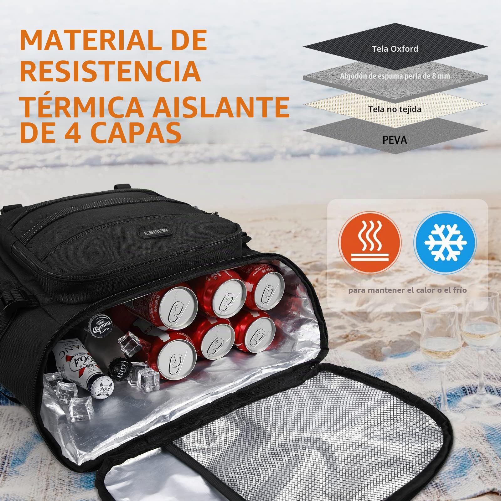 NEWHEY 30L Mochila Nevera Impermeable Mochila de Refrigeración Bolsa Térmica Aislada Grandes Alimentos Mochilas de Picnic Almuerzo Ligera Acampar Barbacoa Senderismo Negro