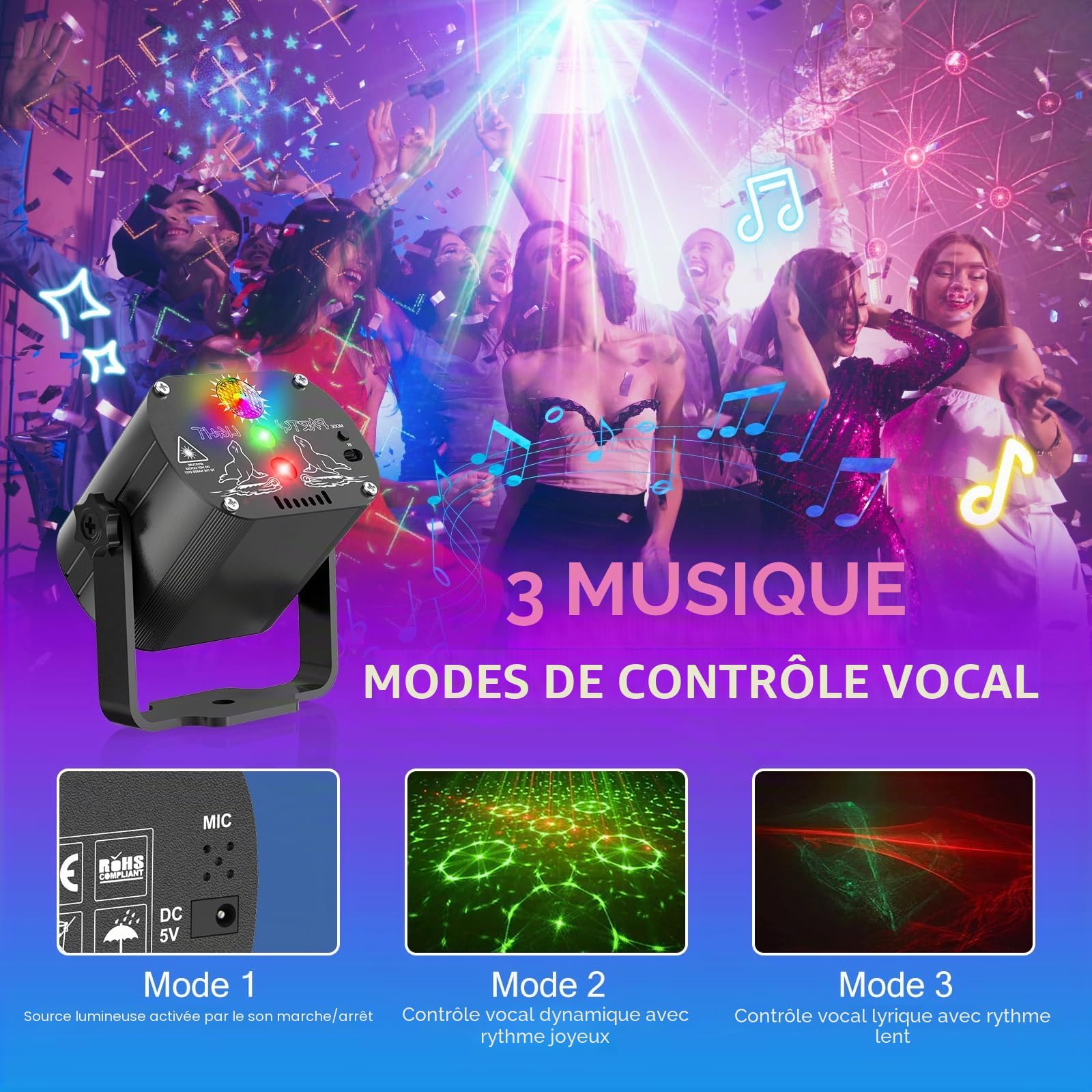 Lampe de Scène, 60 effets lumineux Lumière Disco avec Stroboscope et télécommande, Boule Disco Grand Angle Contrôle de la Musique, Divers Effets RGBW Lumiere Soirée USB Halloween, Fête, Noël