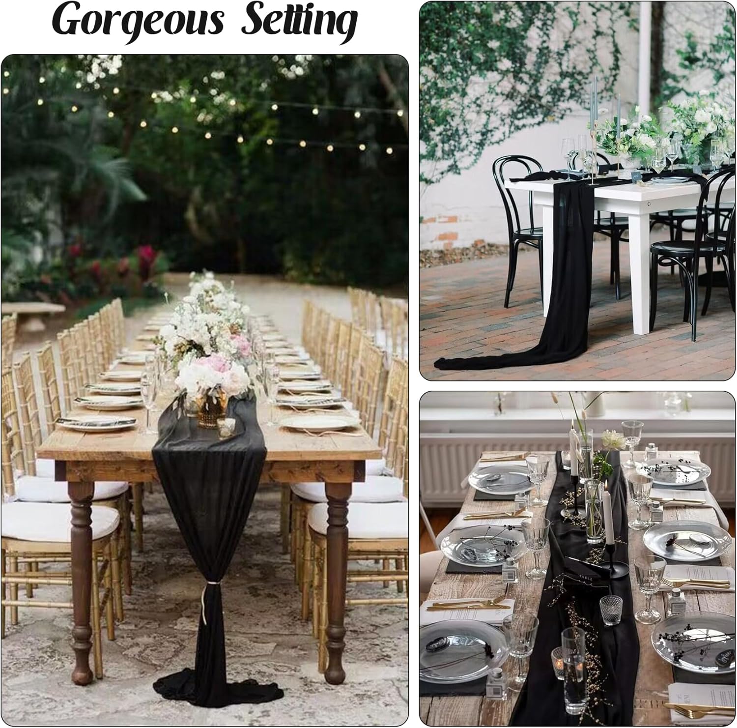 6 Pieces Black 10FT Cheesecloth Table Runner Boho Gauze Fabric Table Runner Rustic Sheer Runner for Wedding Birthday Baby Shower Party Boho Table Decoration（Black）