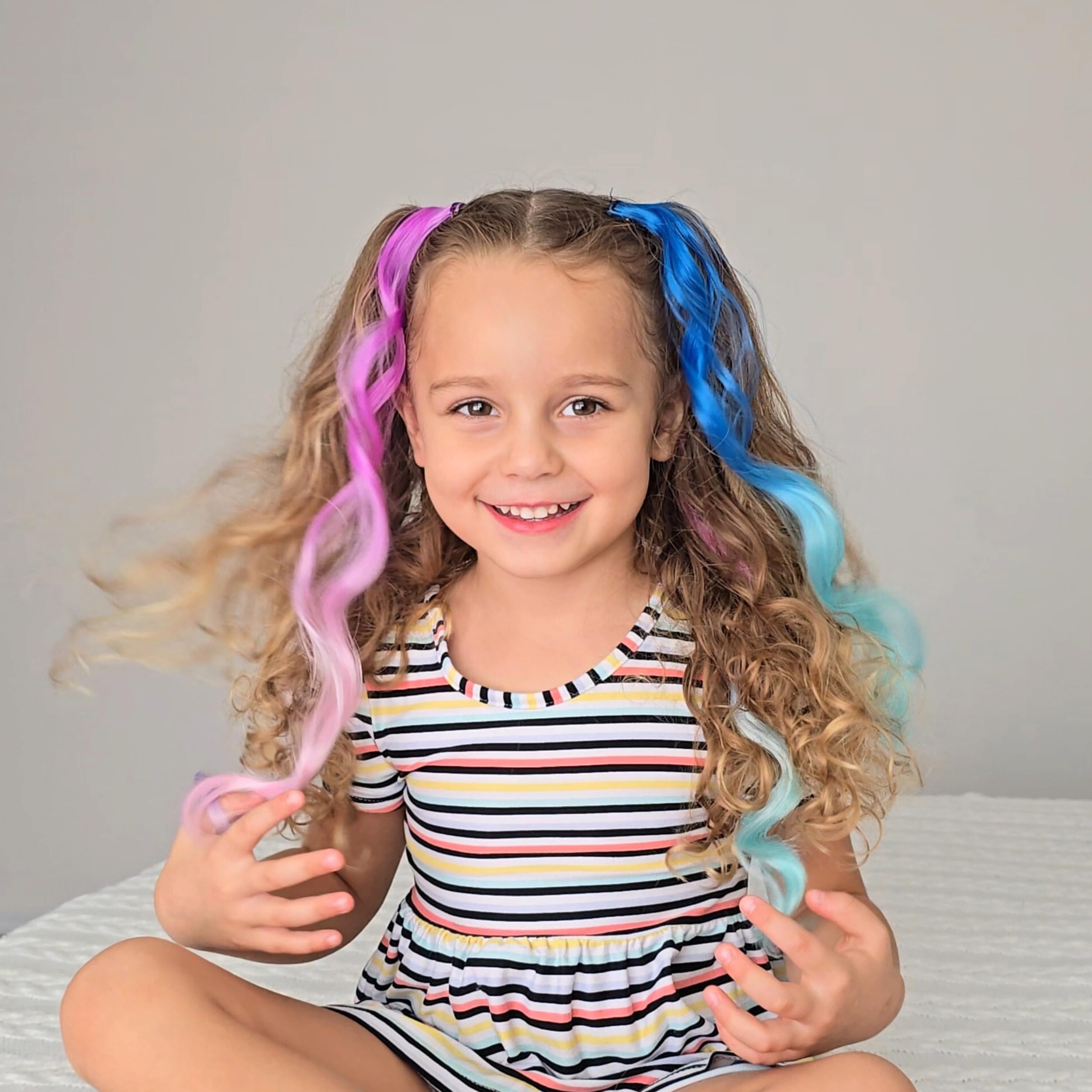 Dreamlover Colored Hair Extensions for Kids Clip In Rainbow Hair Extensions, Dual-color Curly Hairpieces for Halloween 24 Pieces - Image 2