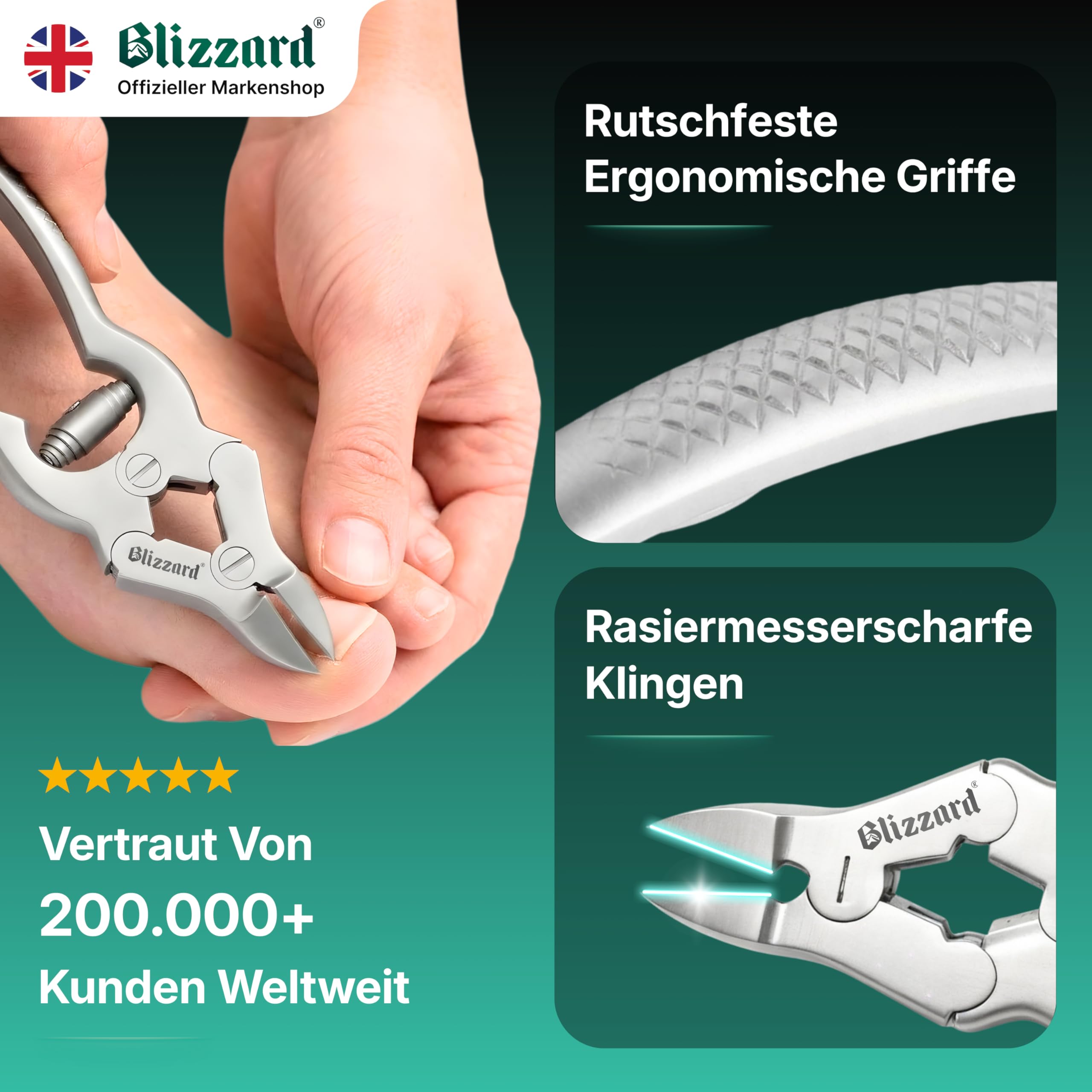 Blizzard Nagelzange für Fußnägel – Extra starke Fußnagelzange für dicke, harte & eingewachsene Zehennägel – Profi Pediküre Fußpflege Werkzeug aus Edelstahl inkl. Nagelfeile – 15 cm Pufferfeder