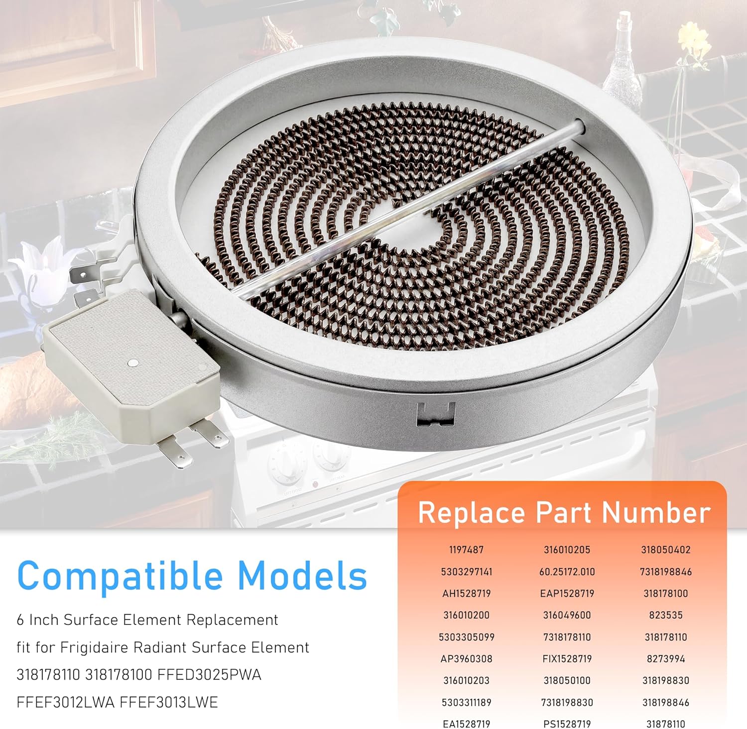 Upgraded 6" Radiant Surface Element fit for Frigidaire Electrolux 318178110 316010205 318198830 fit for LG MEE62385001 fit for Samsung DG47-00060A fit for Whirlpool WP8273994 W11171119 1 Pack Vypart