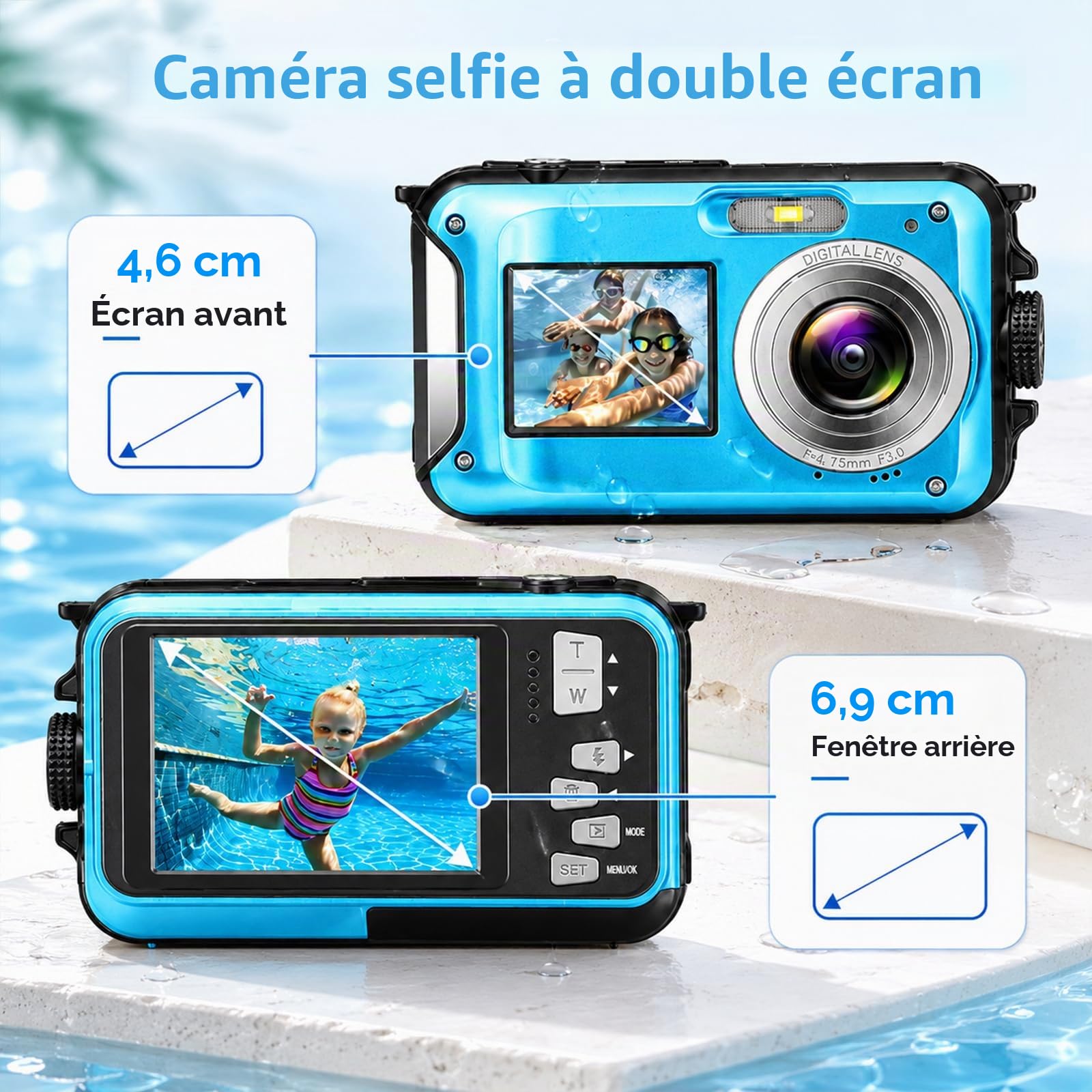 Appareil Photo Numérique Étanche, Caméra sous-Marine HD 2.7K 48MP avec Double Écran pour Snorkeling 3M pour Nager, Zoom Numérique 16X Anti-Secousse, Bleu