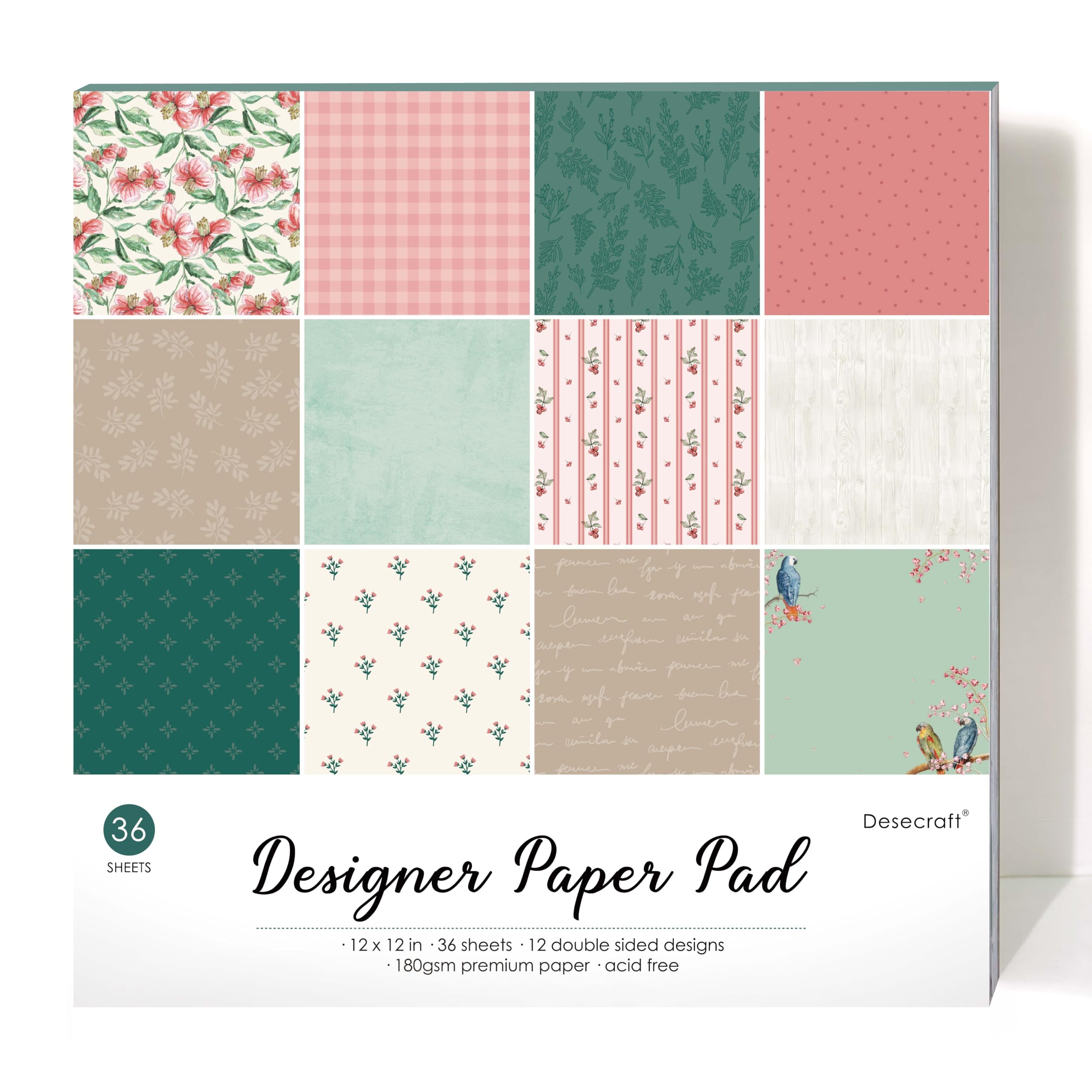 Desecraft Vintage Pink Green 12x12 Scrapbooking Cardstock Decorative Paper - 36 Sheets - for Card Making Background Origami Textured Decorative