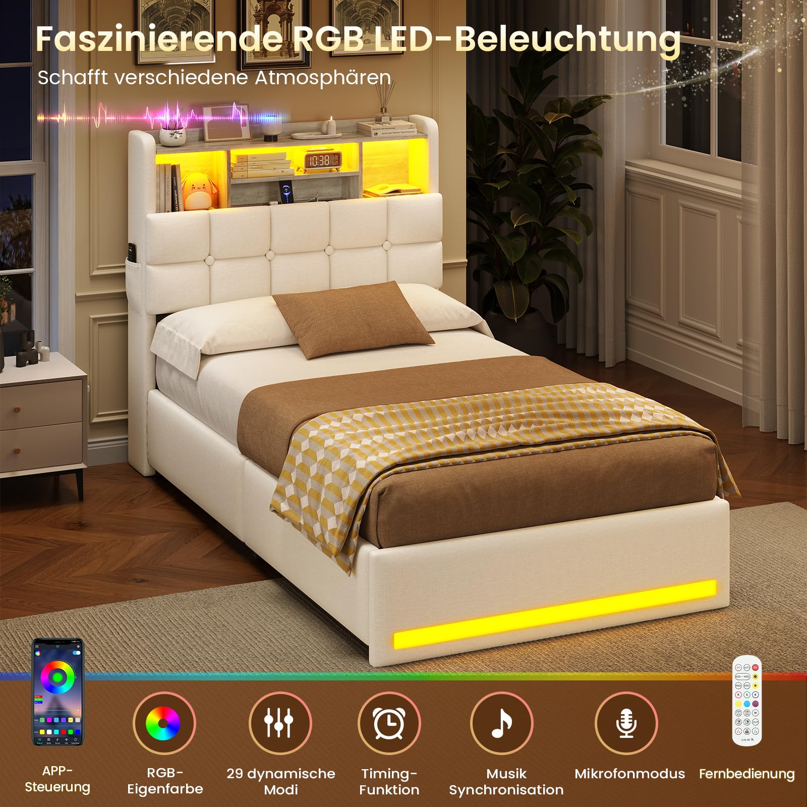 AOGLLATI Camas Individual 90x200 cm con Almacenamiento Hidráulico | Cama Canape 90x200 con LED y Estación de Carga, Somier Estructura Cama con Bolsillos Laterales, Base Cama, Lino Beige