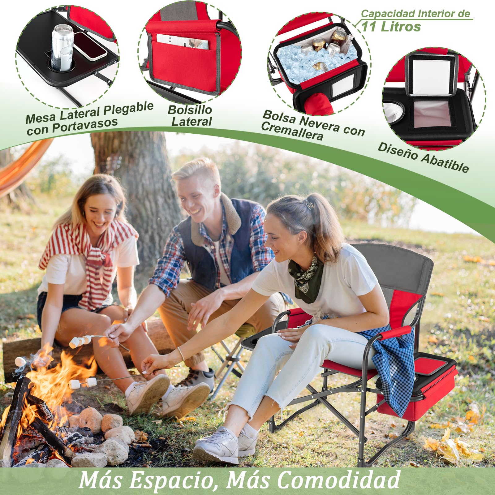 GOPLUS Silla Alta de Director, Silla Plegable para Maquillaje con Mesa Lateral, Portavasos, Bolsillo de Almacenaje, Bolsa de Malla y Reposapiés, Carga150 kg, Ligera para Camping (Rojo+Gris)