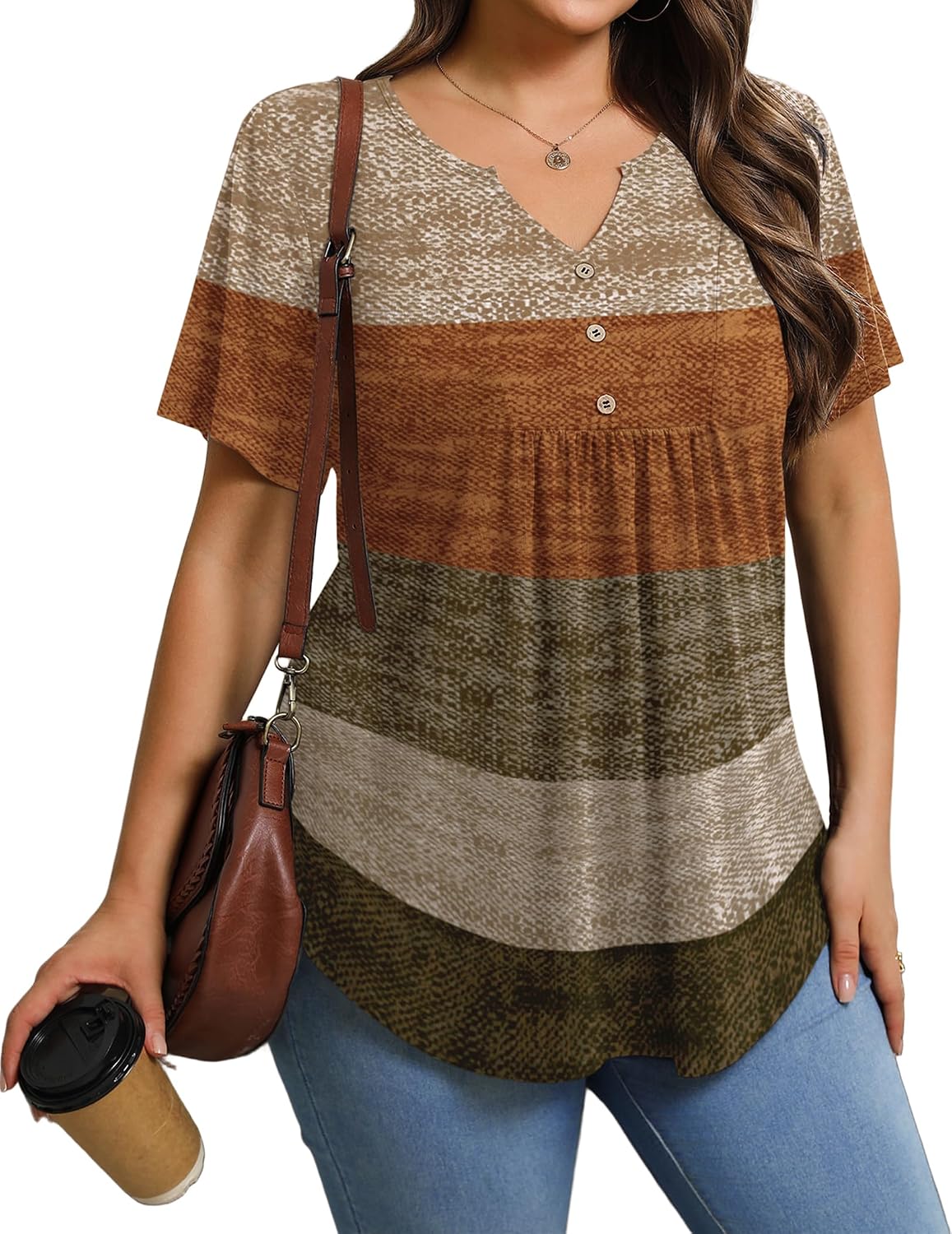 IN'VOLAND Womens Plus Size Tunic Top Summer Short Sleeve T-Shirt V-neck Button Up Dressy Blouse Casual Pleated Pullover 1X-5X