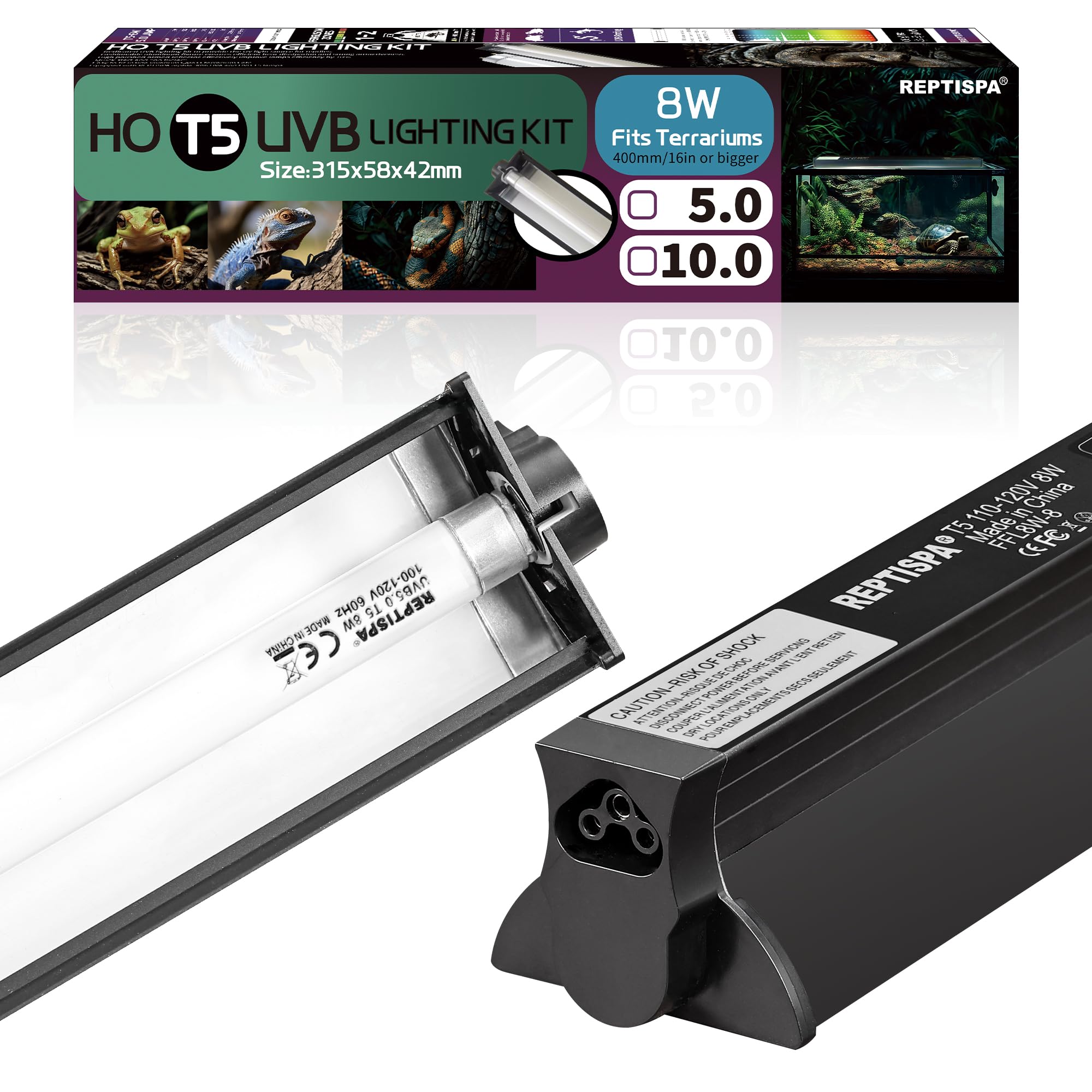 T5 HO UVB Lighting Combo Kit, 8W Reptile Light Fixture with Fluorescent Light Bulbs, Desert 10.0 UVB Light for Reptiles and Amphibians, Basking Light for Bearded Dragon, High Output Natural Light