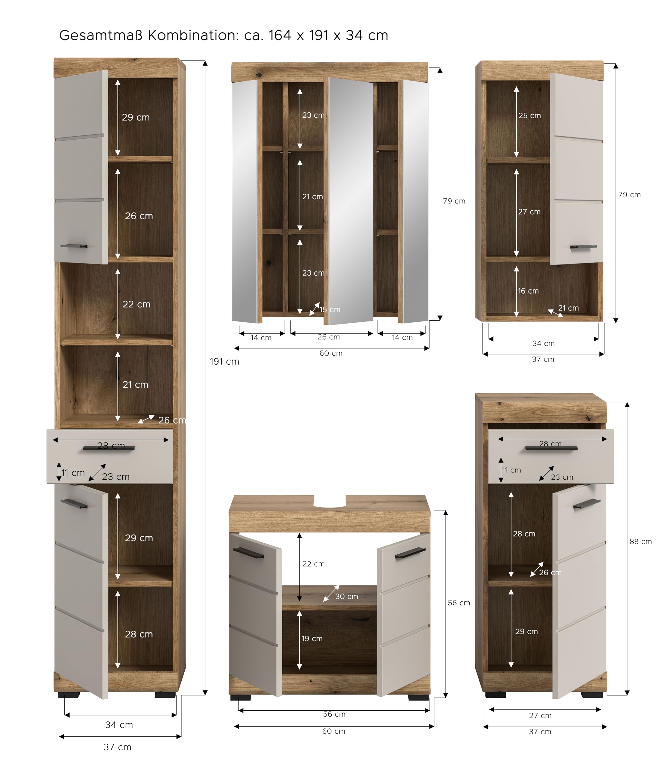 xonox.home – Badkombination Scout 164x191x34 cm in Evoak Oak und Kaschmir Nachbildung matt – Breites Badmöbel-Set mit klarer Formensprache – modern – Bild 4