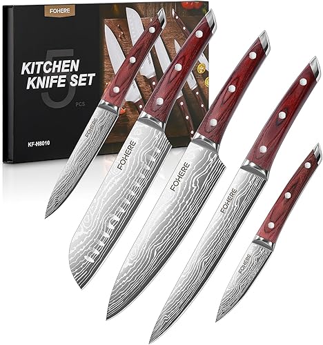 FOHERE Juego de cuchillos de cocina con mango ergonómico de madera de Pakkawood roja, juego de cuchillos de chef profesionales ultra afilados, juego