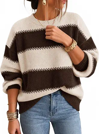 ZESICA Women's 2026 Fall Oversized Striped Cozy Casual Long Sleeve Sweaters