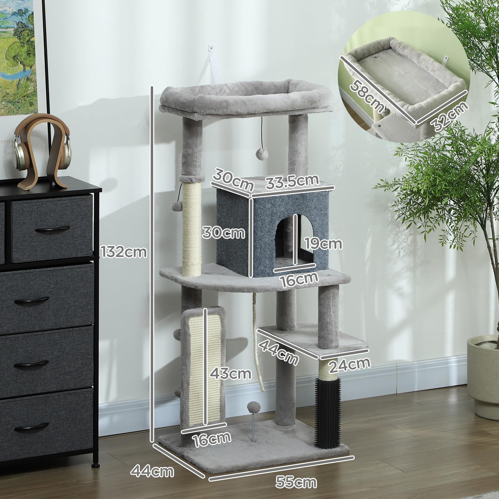 PawHut Albero Tiragraffi Multilivello Alto 132 cm, Palestra per Gatti con Casetta, Lettino per Gatti, Pali Tiragraffi, Piattaforma, Spazzola e Pallina, Dispositivo Antiribaltamento, Grigio Chiaro