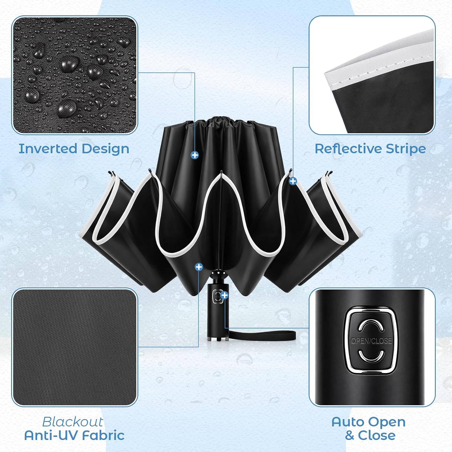 Aliceset 4 Pcs Inverted Umbrella with Reflective Stripe Automatic Umbrella for Rain Sun Travel Fold with Cover Bag