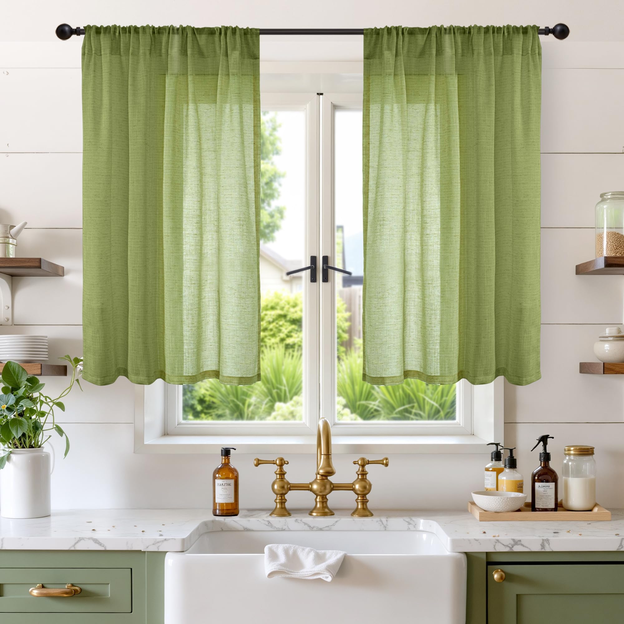 BGment 40 Inches Long Olive Green Linen Curtains for Short Window - Rod Pocket Small Drapes Textured Light Filtering for Cafe Bedroom Spring