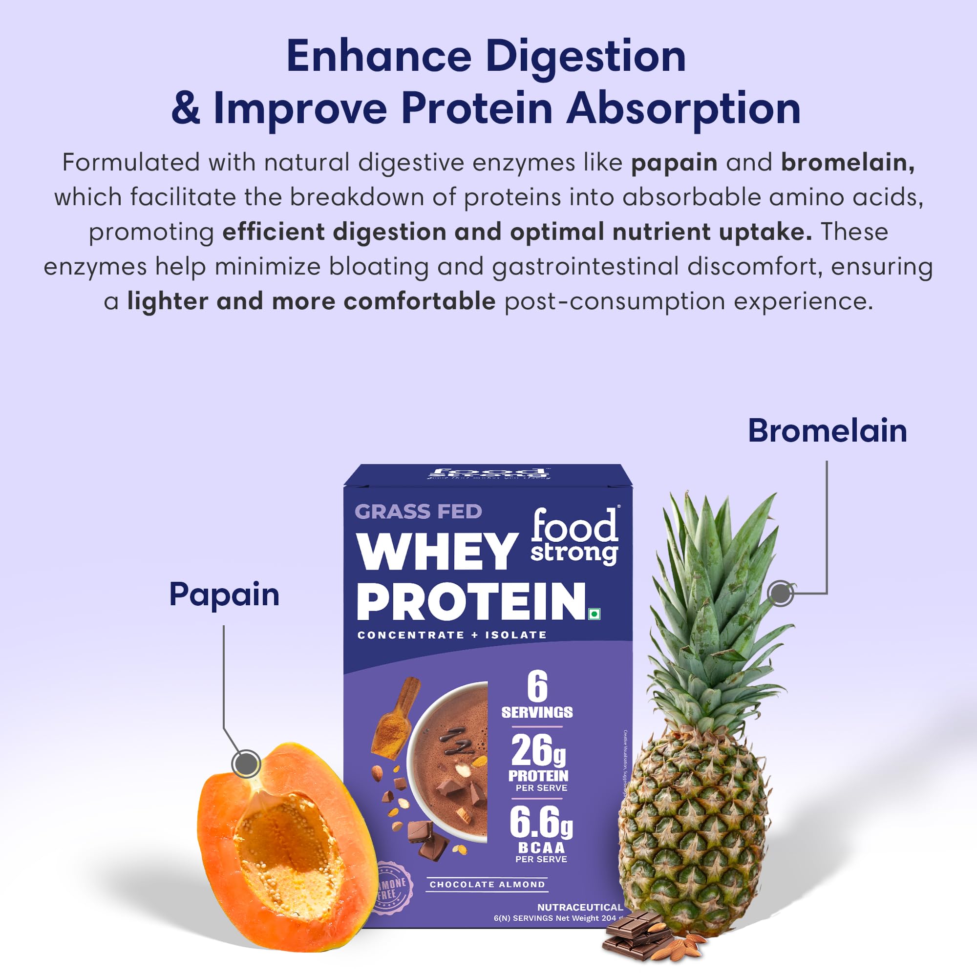 Foodstrong Whey Protein Powder (Concentrate + Isolate), 100% Hormone Free Grass-Fed Whey, 26G Protein & 6.6G BCAA, Chocolate Almond, With Turmeric & Digestive Enzymes, 6 Sachets, 204G 2
