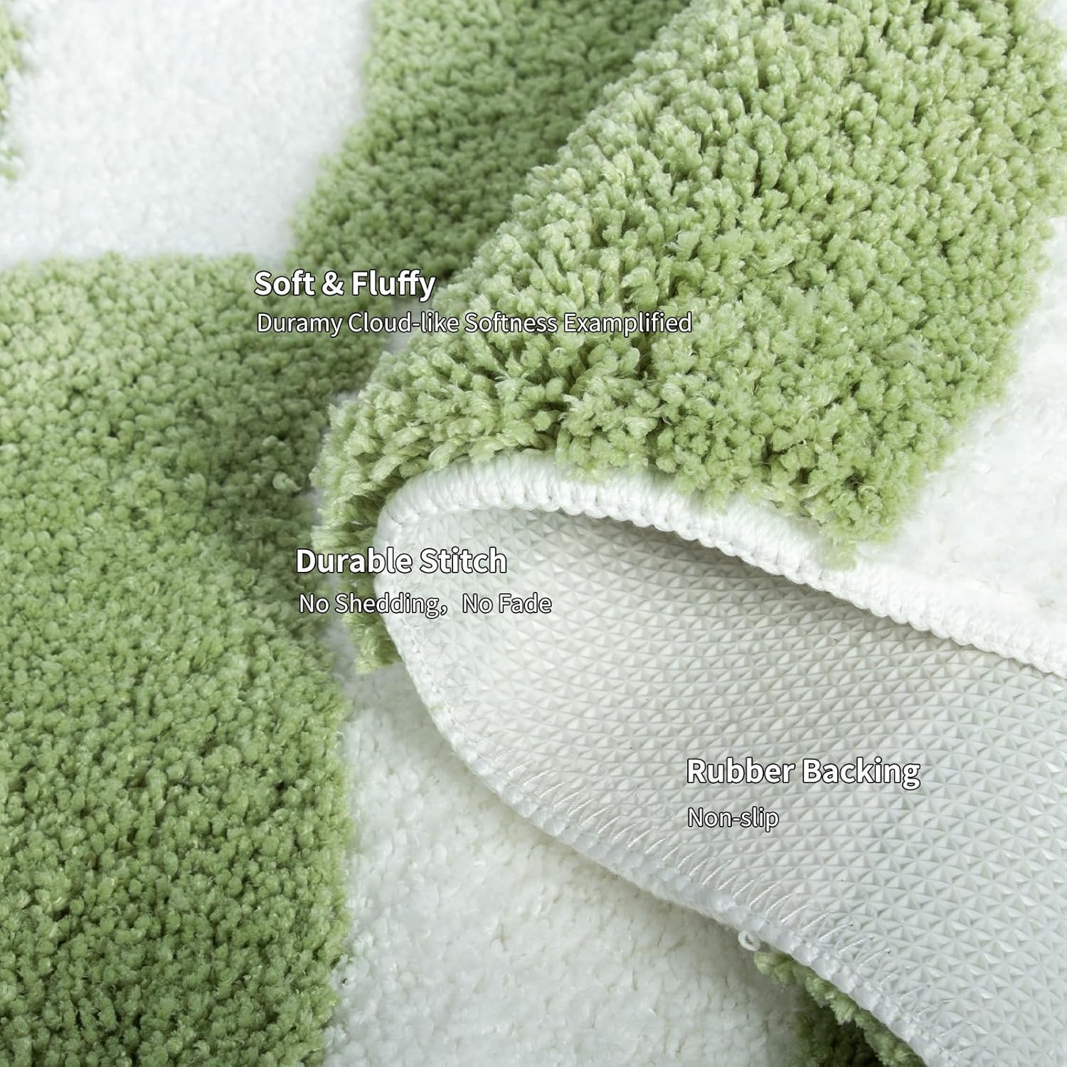 Sage Green Checkered Bath Mat, Wavy Blocks Fluffy Absorbent Microfiber Bath Mat Scalloped Non Slip, Modern Washable Classic Bathroom Rugs, 20" x 30"