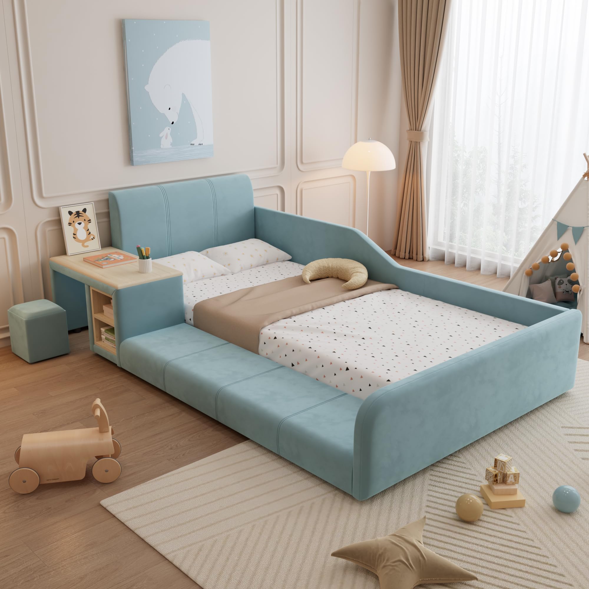 Dolamaní Polsterbett 90x200 cm Kinder mit Schreibtisch und Hocker, Einzelbett Mit Ablageboden und Polster Kopfteil, Bett mit Holz Lattenrost, Kinderhochbett Samt ohne Matratze (Blau)