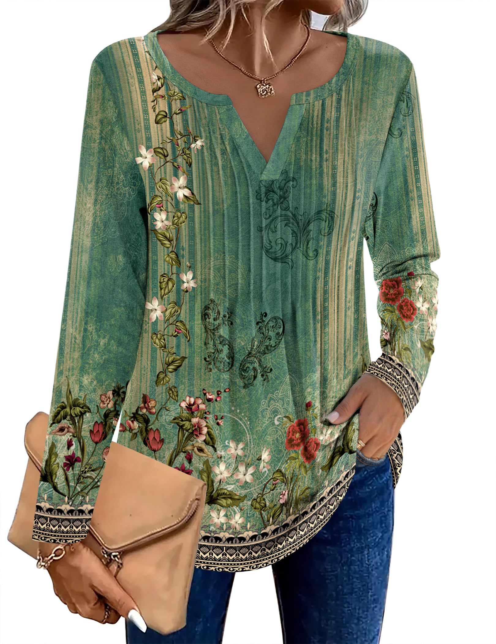 Zeagoo Womens Long Sleeve Tops 2025 V Neck Pleated Shirts Dressy Casual Tunic Blouses Loose Fit Fall Fashion Clothes