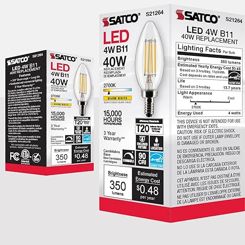 Miniatura 7 de Satco Lámpara LED, S21264 4B11LED927CL120VE12, bombilla B11 de 4 W, transparente base de candelabro 90 CRI 2700 K 120 voltios para candelabros,