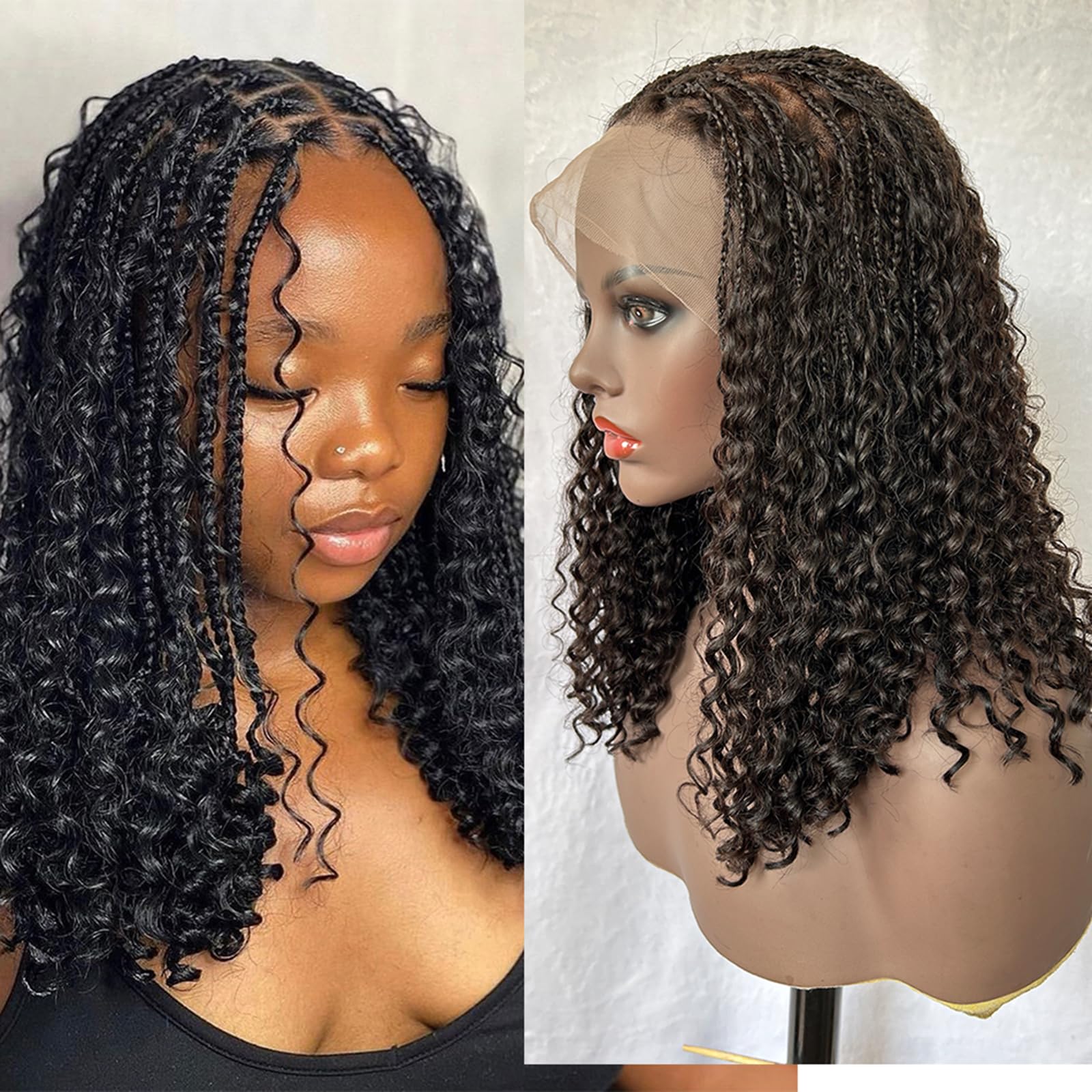 Braided Wig Human Hair Full Lace Boho Box Braids Wig Knotless 300Density Pre Plucked With Curly Ends Goddess Glueless Transparen Lace Wigs For Women Natural Col