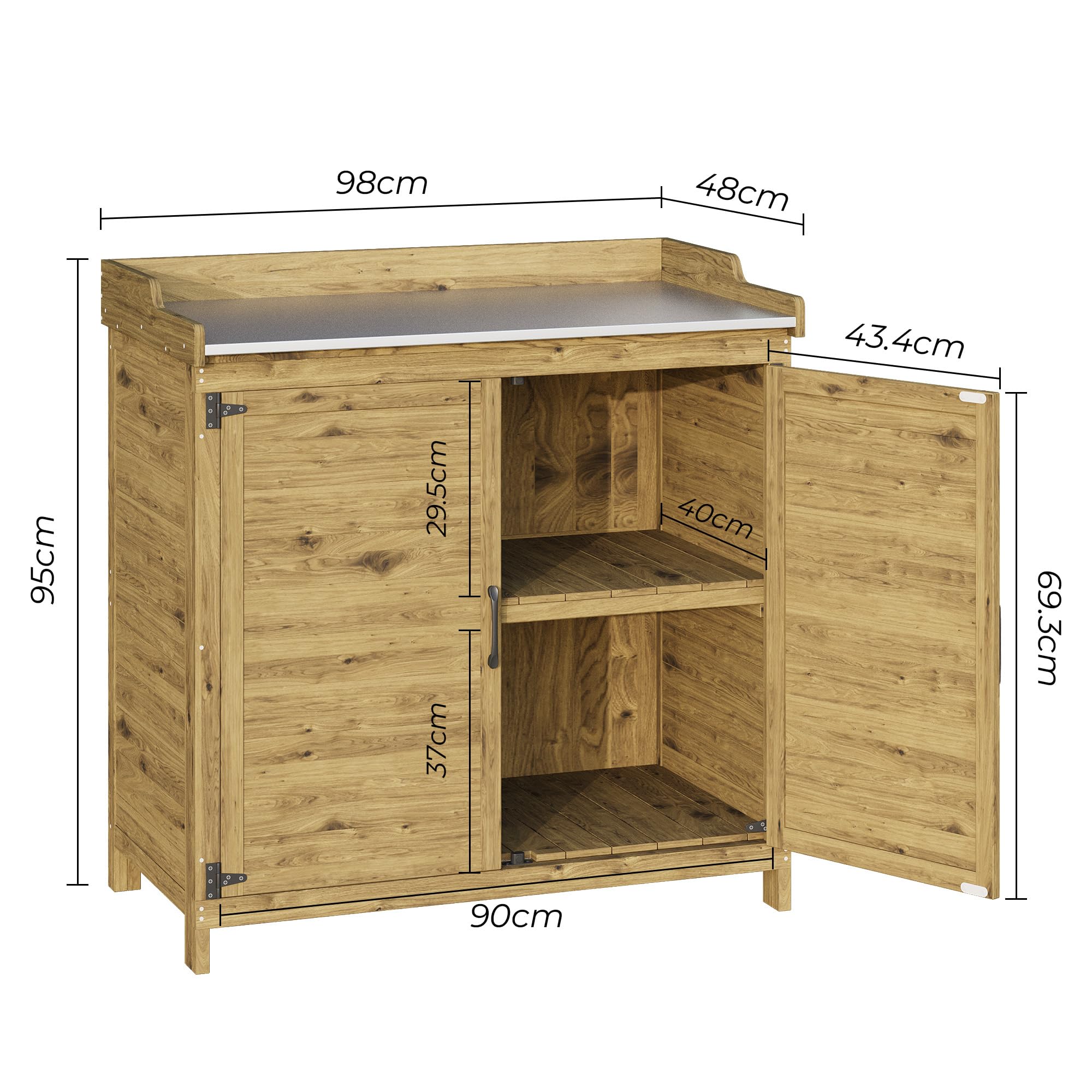Mesa de Jardín para Plantas, Espaciosa Mesa de Trabajo Exterior con Encimera para Herramientas de Jardín, Armario de Madera con Estantes Interiores para Patio, 98×47×94 cm (Natural)