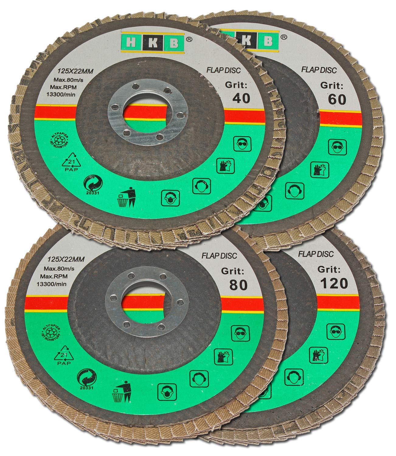 HKB Fächerschleifscheiben, Ø 125 mm x 22,23 mm, 16 Stück | Jeweils 2 x Korn 40/60/80/120, Braun, Schruppscheiben, Fächerscheiben, Schleifmopteller, Artikel-Nr. 670003