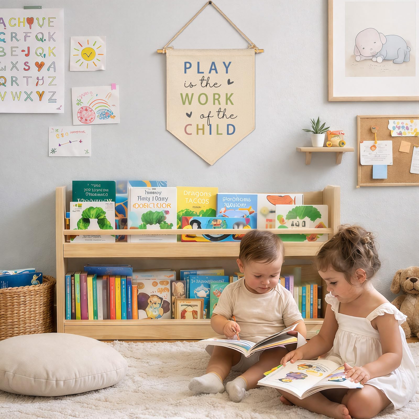 Topthink Bandera colgante de lona con texto en inglés «Play is The Work of The Child», decoración de pared, regalo para bebés, niños, niñas, niños, guardería, habitación de adolescentes, sala de