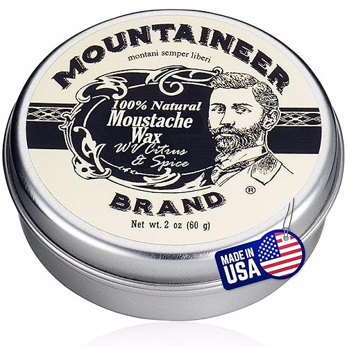 Cera de bigote de marca Mountaineer, natural, sin residuos, clara y fácil de usar, 2 oz de estaño