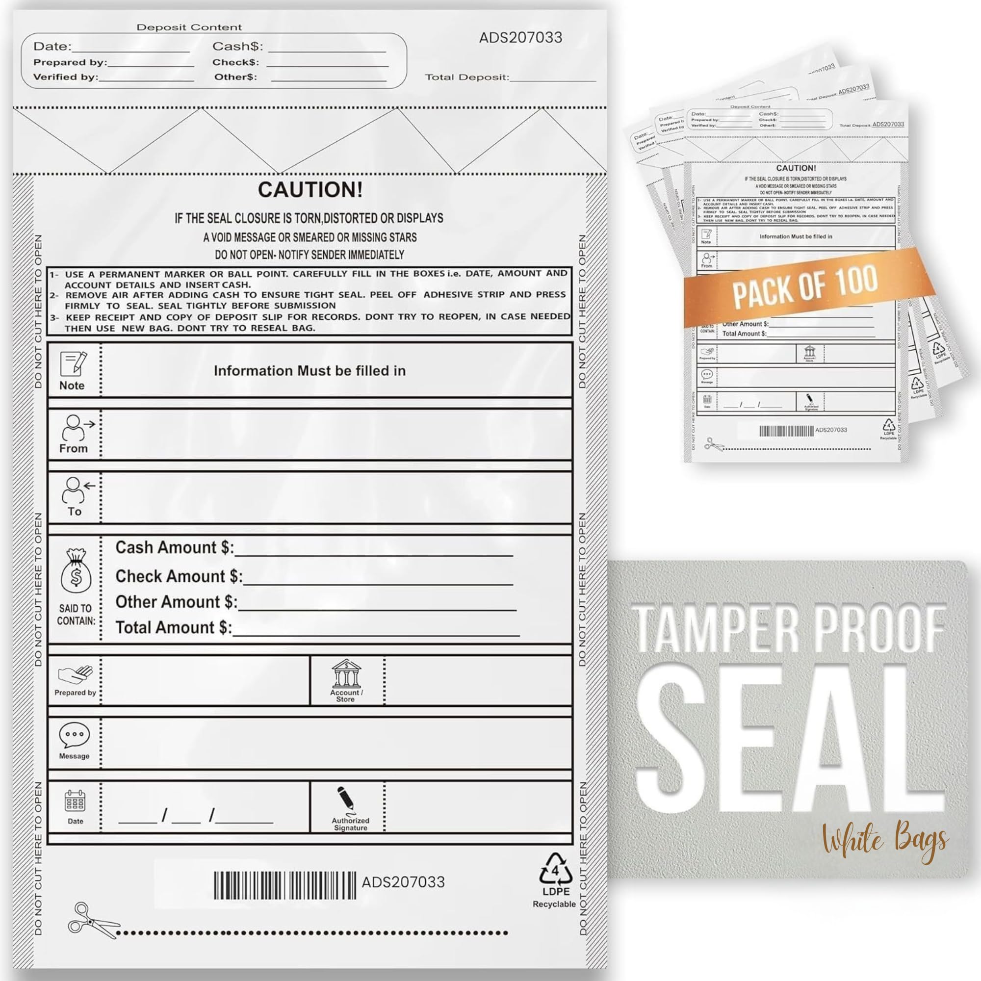 Sacchetti per deposito bancari bianchi in plastica con buste bancarie 22,9 x 30,5 cm, sacchetti per deposito di denaro, a prova di manomissione, 100 pezzi, sacchetti per registro per assegni