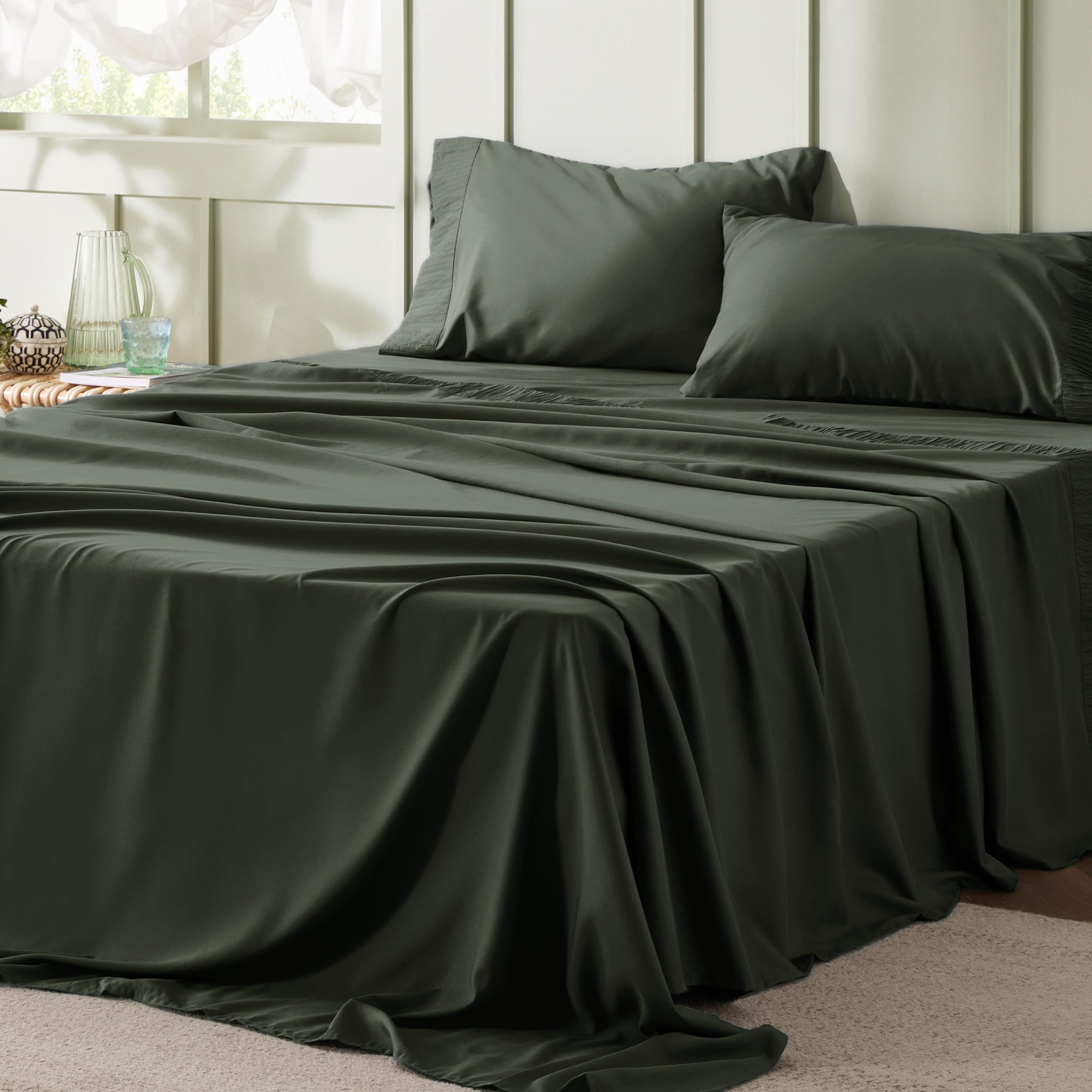 bedsure king size sheets - soft sheets for king size bed, 4 pieces hotel luxury olive green king sheets, easy care polyester microfiber cooling bed sheet set