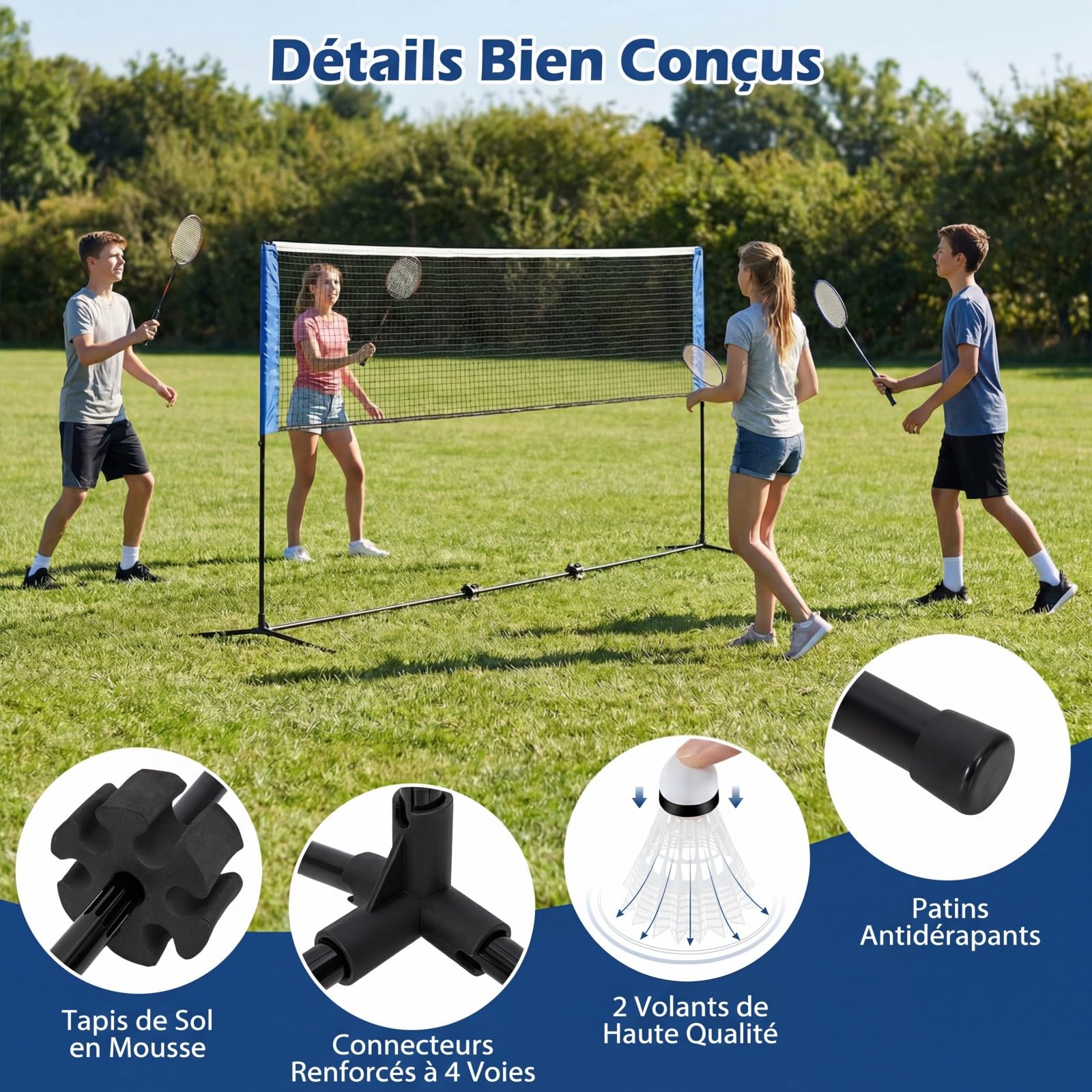 COSTWAY Filet de Badminton Portable 3,1/4,2/5,1M, Set de Badminton à Hauteurs Réglable avec 2 Volants Repose-Pieds Coussinets de Serrage Sac de Transport, pour Jardin Plage