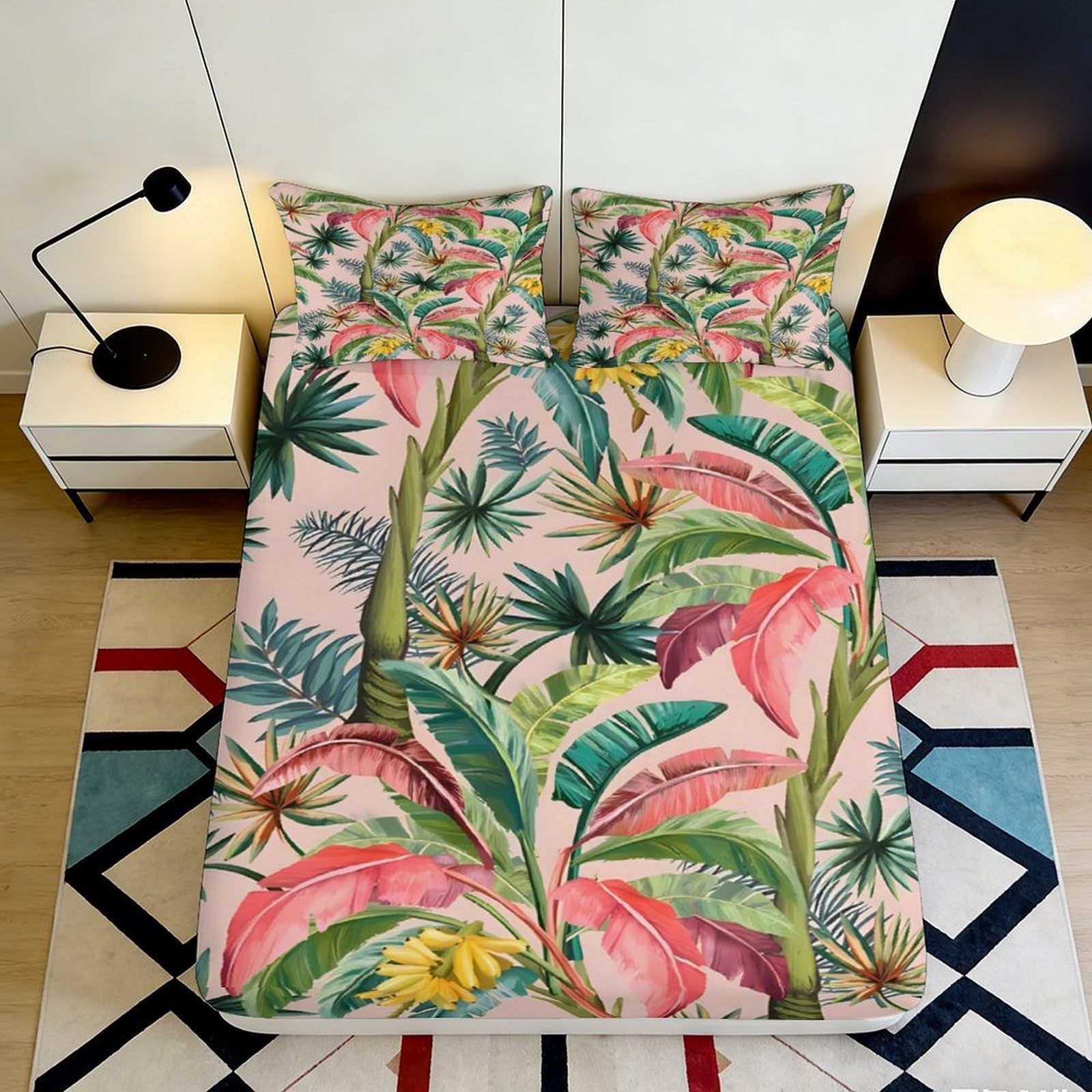 3D Printed Tropical Leaves Fitted Sheet Microfiber Soft Breathable Exotic Floral Mattress Cover for Bedroom Dormitory Guest Room Protection Decoration 160x200x25cm