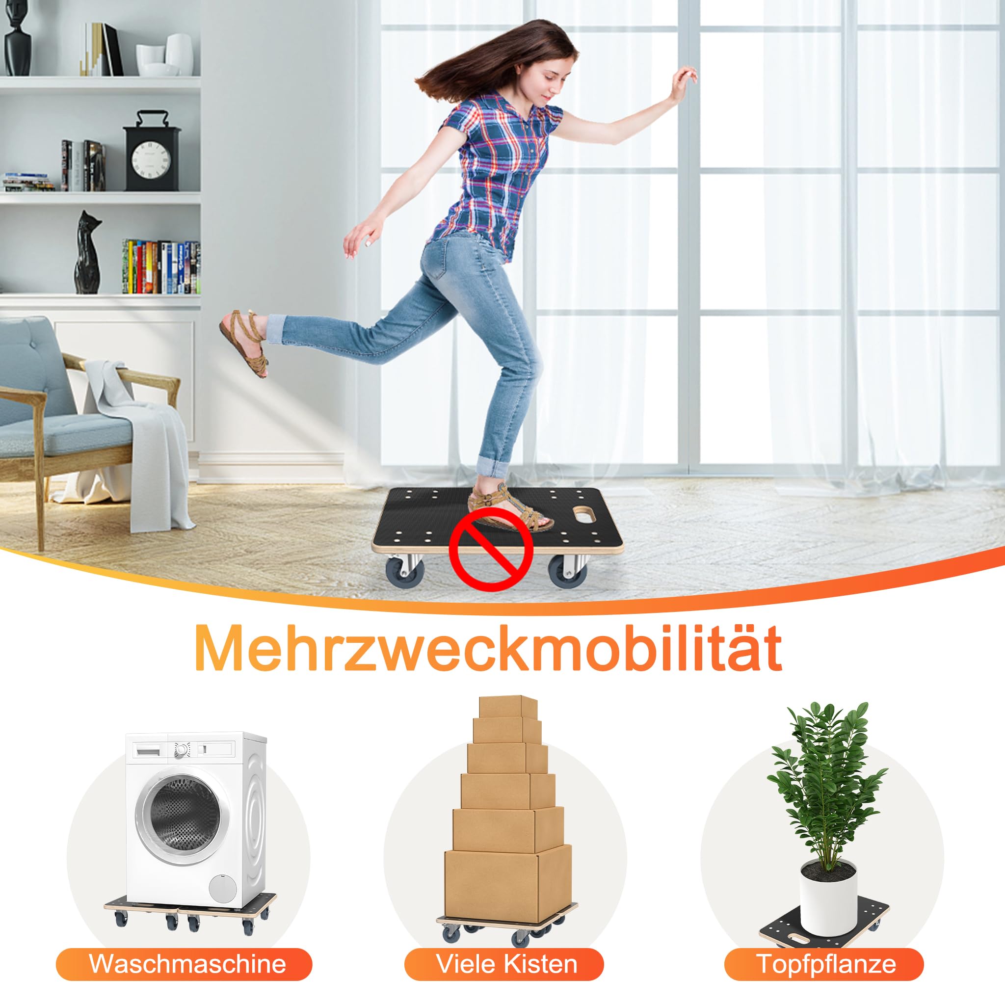 YRHome Rodillo de transporte con freno de pie, asa de freno, tabla de transporte, 60 x 40 x 14,5 cm, hasta 200 kg, resistente al agua, antideslizante, para mudanzas, muebles, perros, ruedas, 2