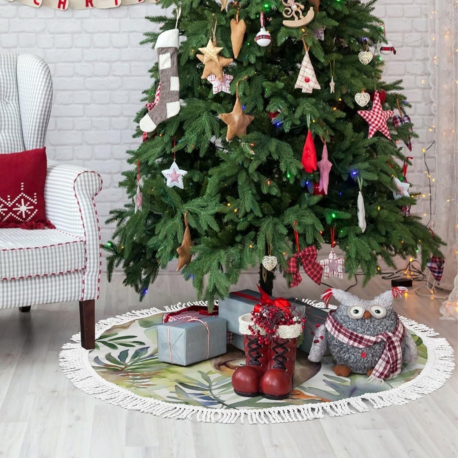 Christmas Tree Skirt Cute Xmas Trees Mat Skirts Personalization Christmas Round Tree Skirts for Holiday Party Decorative Supplies Watercolor Sloth