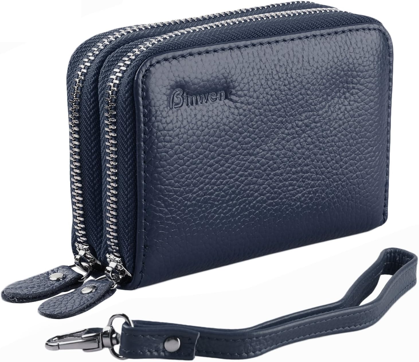 Card wallet RFID blocking genuine leather coin purse with detachable wrist strap double metal zipper blue