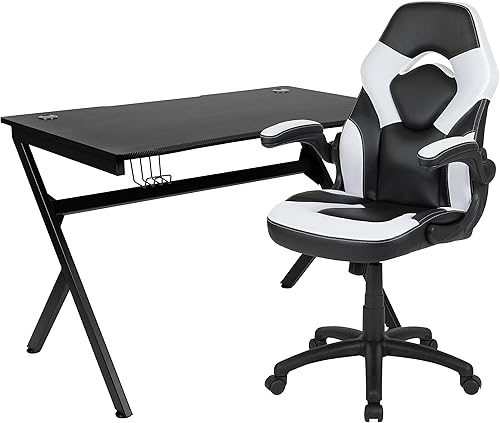 Miniatura 222 de Flash Furniture Juego de escritorio para juegos negro y silla de carreras blanco/negro con soporte para tazas, gancho para auriculares y soporte