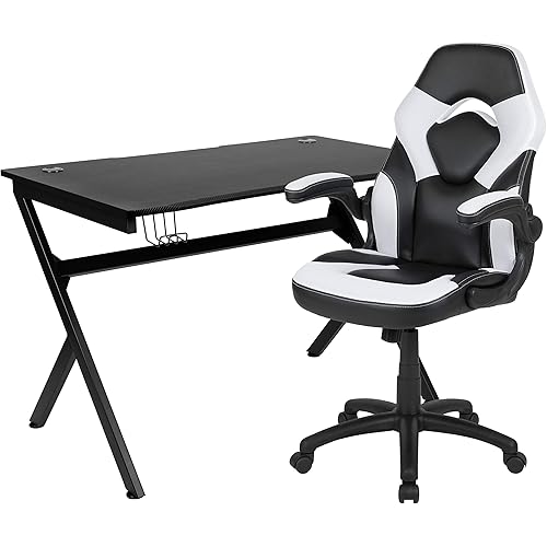 Flash Furniture Optis Black Gaming Desk and White/Black Racing Chair Set with Cup Holder, Headphone Hook & 2 Wire Management Holes