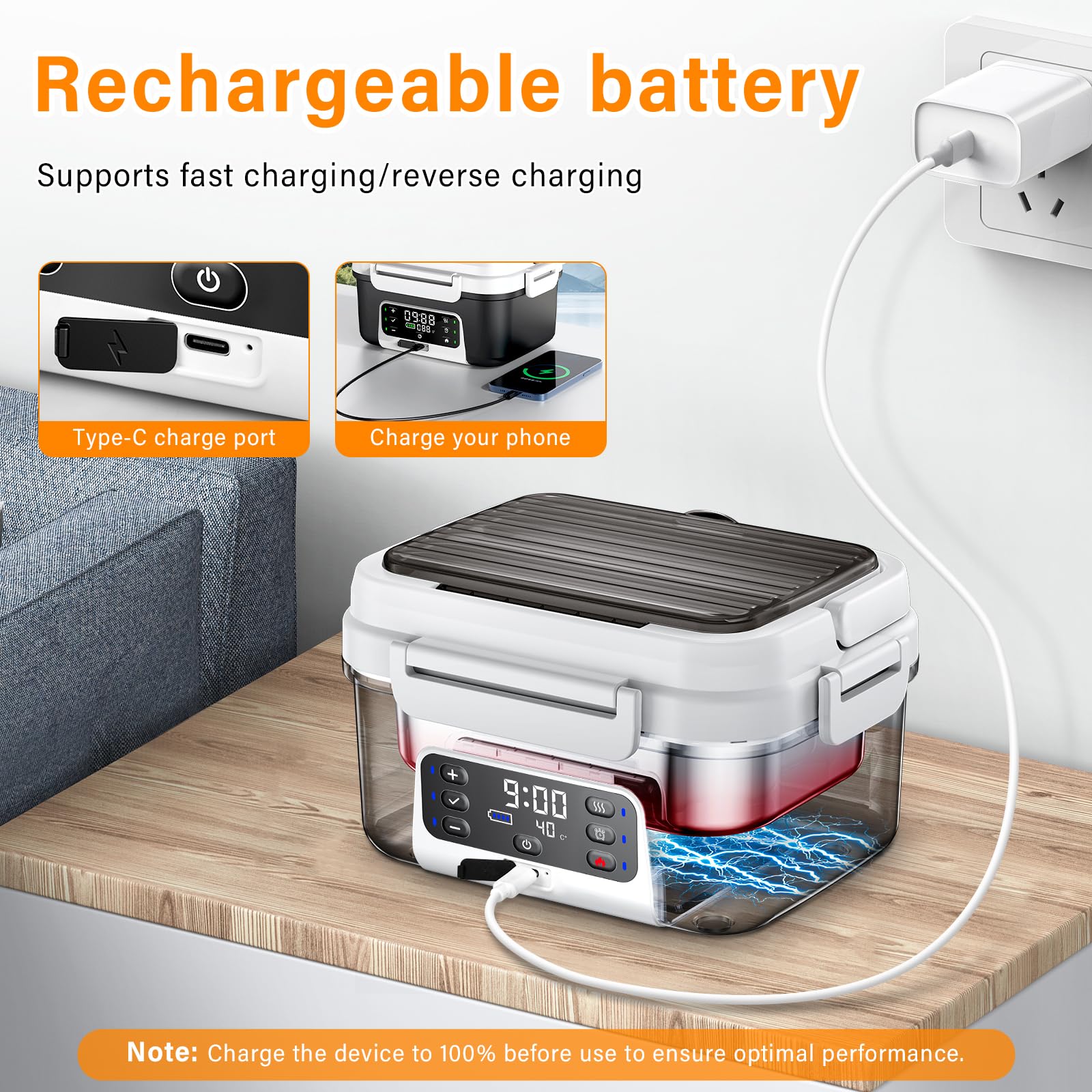 Scaldavivande Elettrico Portatile, 1.5L Porta Pranzo Riscaldabile con Timer, Per Ufficio, Cantiere, Viaggio, Auto, Scaldavivande a Batteria Ricaricabile | Heated Lunch Box