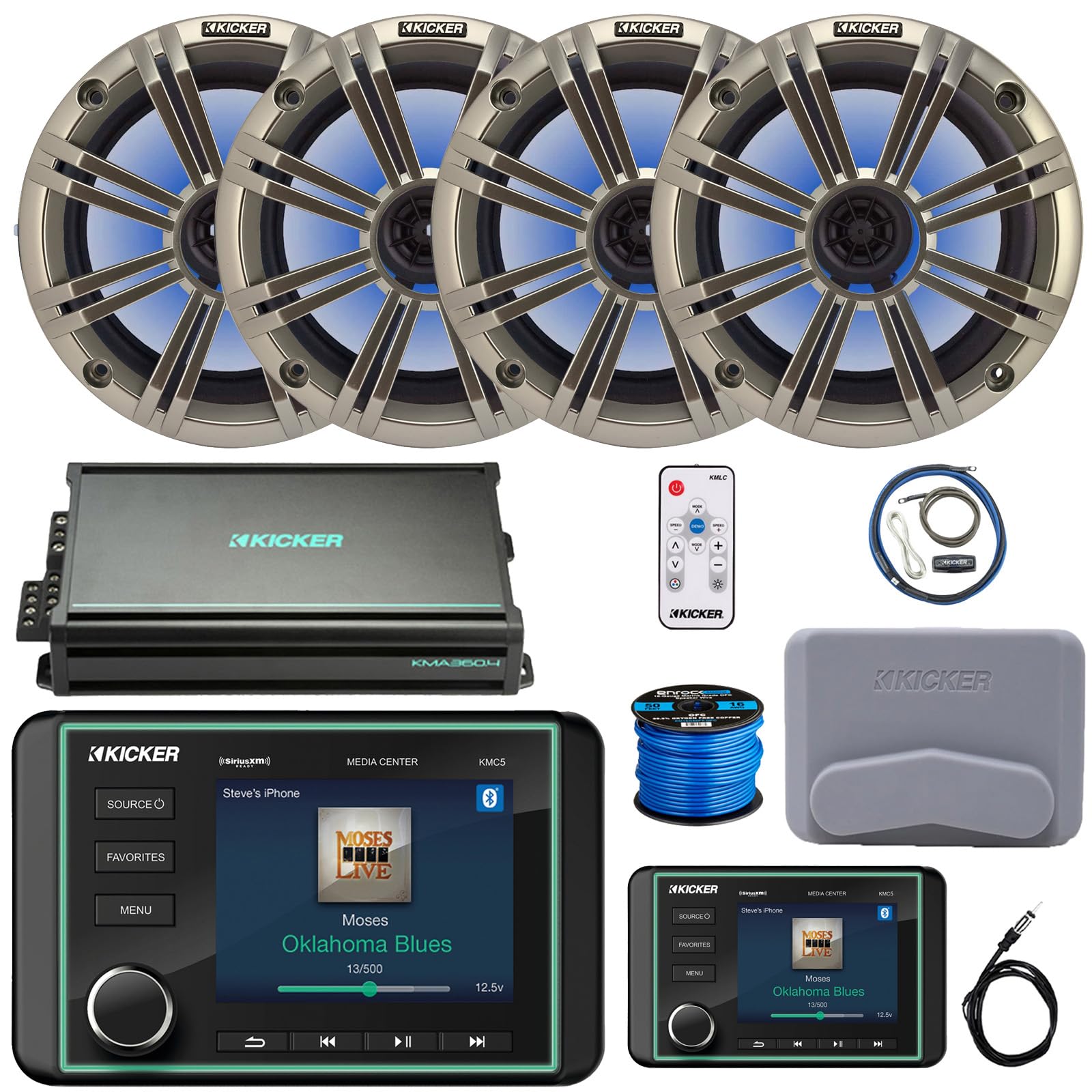 Kicker KMC5 3.5" Marine Bluetooth USB/AUX WB AM/FM Gauge Style Receiver W/Controller, 4X 6.5 195W Max RGB LED Speakers W/Silver Grilles + LED Controller, 4-Channel Amplifier W/Kit, Antenna, Wire