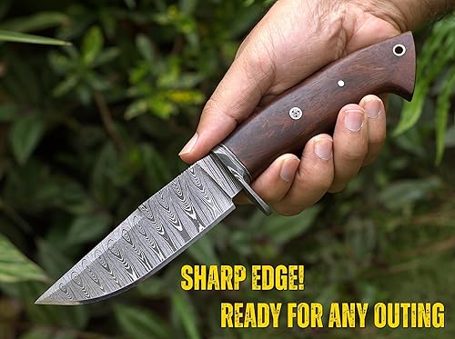 Miniatura 5 de Cuchillo de caza de Damasco hecho a mano con funda de cuero de transporte horizontal, cuchillo de hoja fija de espiga completa para campamento,