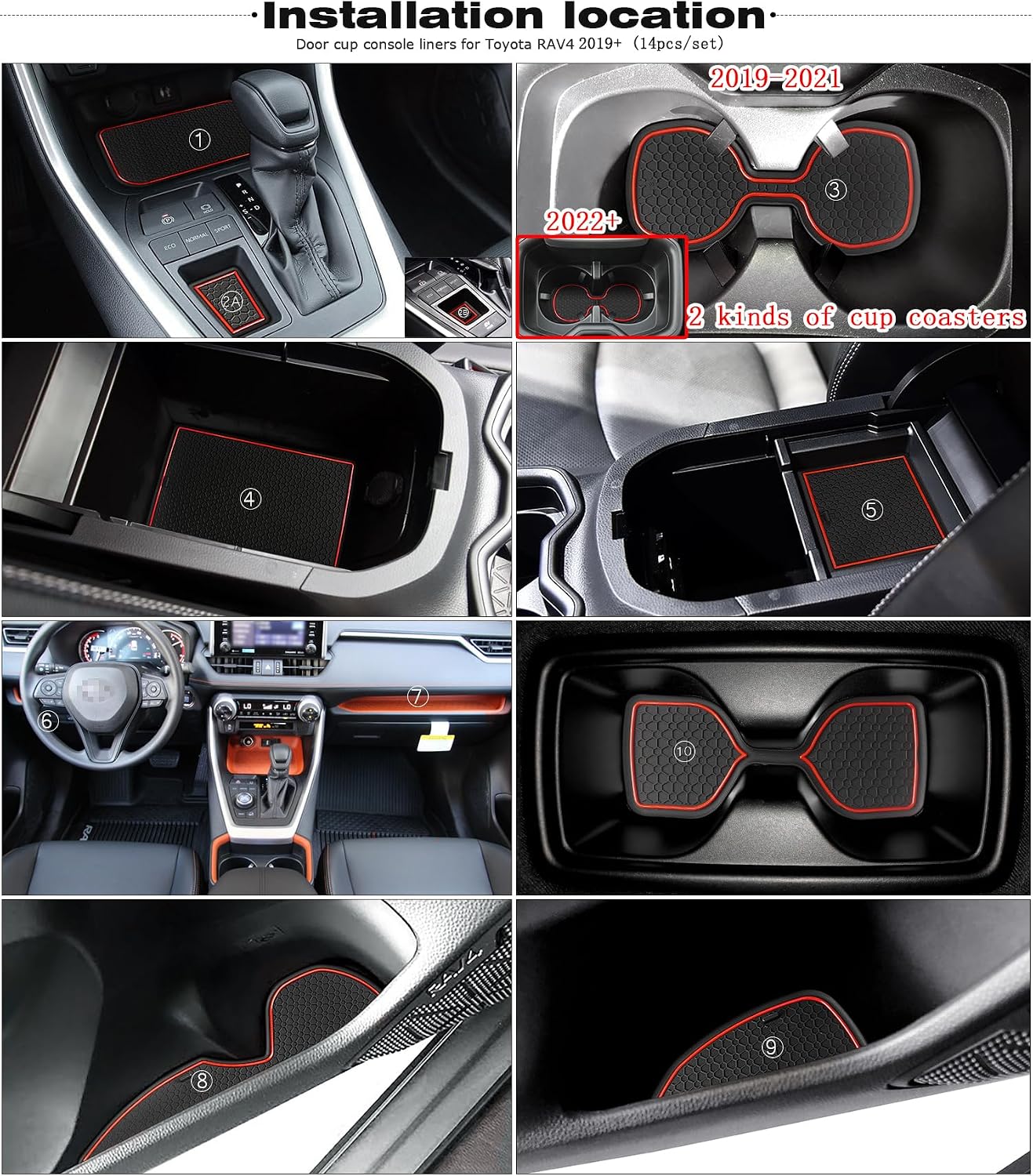 Auovo Anti Dust Mats for Toyota RAV4 Accessories 2025 2024 2023 2022 2021 2020 2019 Custom Car Cup Holder Insert Liner Coaster Center Console Door Pads (14pcs/Set)(red)