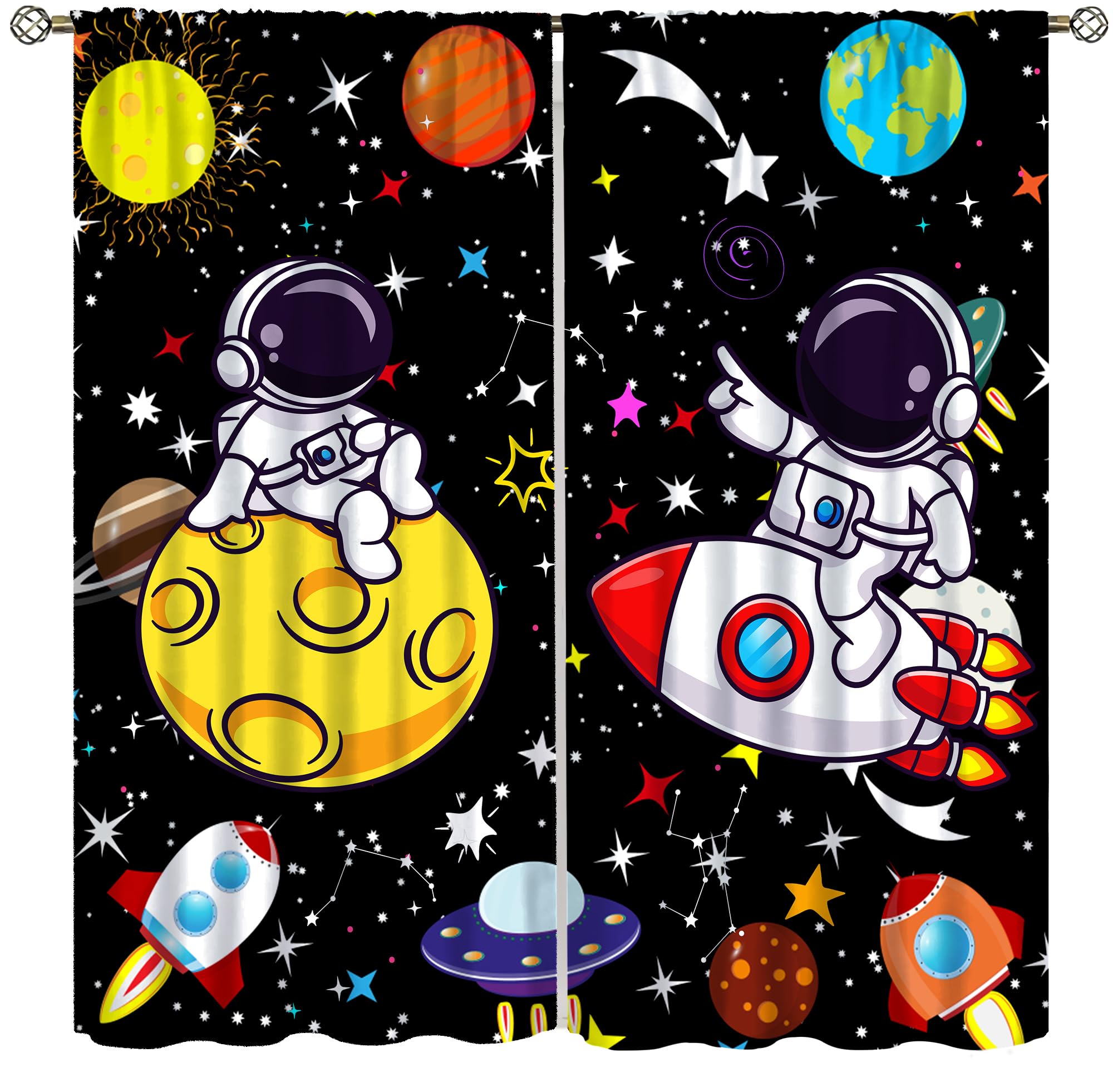AAVEUP Space Astronaut Curtain, Cartoon Solar System Universe Rocket Spaceship Planet Earth Stars Window Treatments Drapes for Kids Boys Baby Nursery