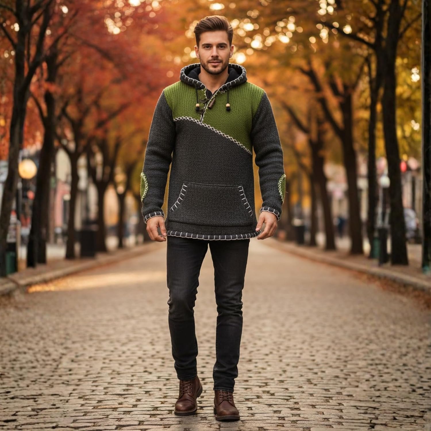 Shopoholic Fashion Men Cross Zipped Patchwork Fleece Lined Long Sleeve Boho Hippie Hoodie Woollen Jacket