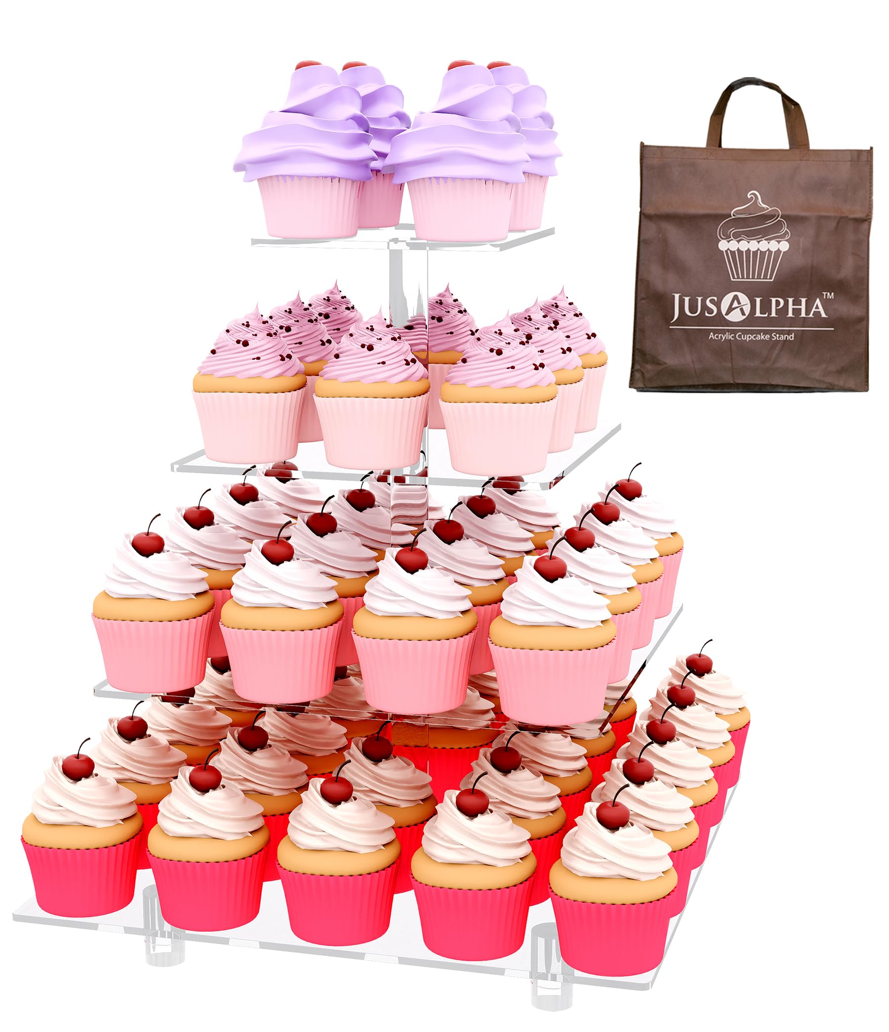 Jusalpha Large 4 Tier Cupcake Stand Square Acrylic Cupcake Tower Stand for Dessert, Pastry, Serving Platter-Candy Bar Party Décor and Supply(with Rod Feet) (4SF-V2)