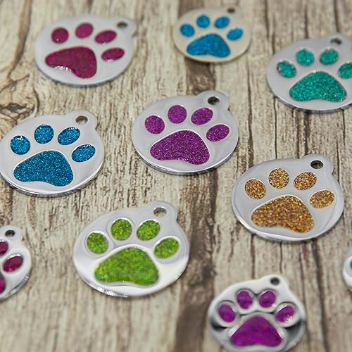 Miniatura 7 de Etiqueta grabada para mascotas para perros y gatos, personalizada con 4 líneas de identificación grabada personalizada, huella de pata redonda,