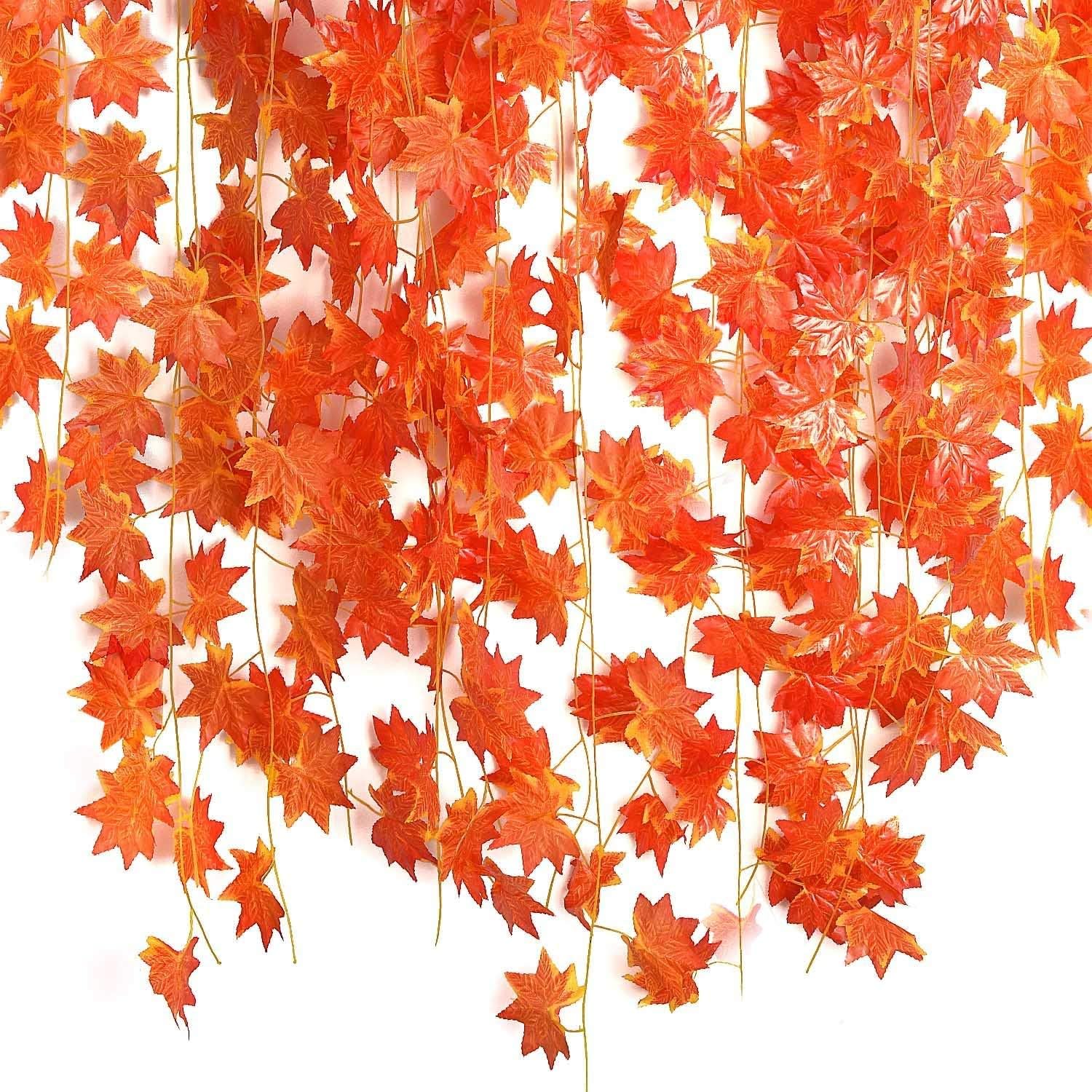 U-HOOME 12 Pack Fall Artificial Maple Leaves Vines artificial Hanging Plants Silk Green Leaf Garlands Home Office Garden Outdoor Wall Greenery Cover Jungle Party Decoration (Red Maple Leaves)